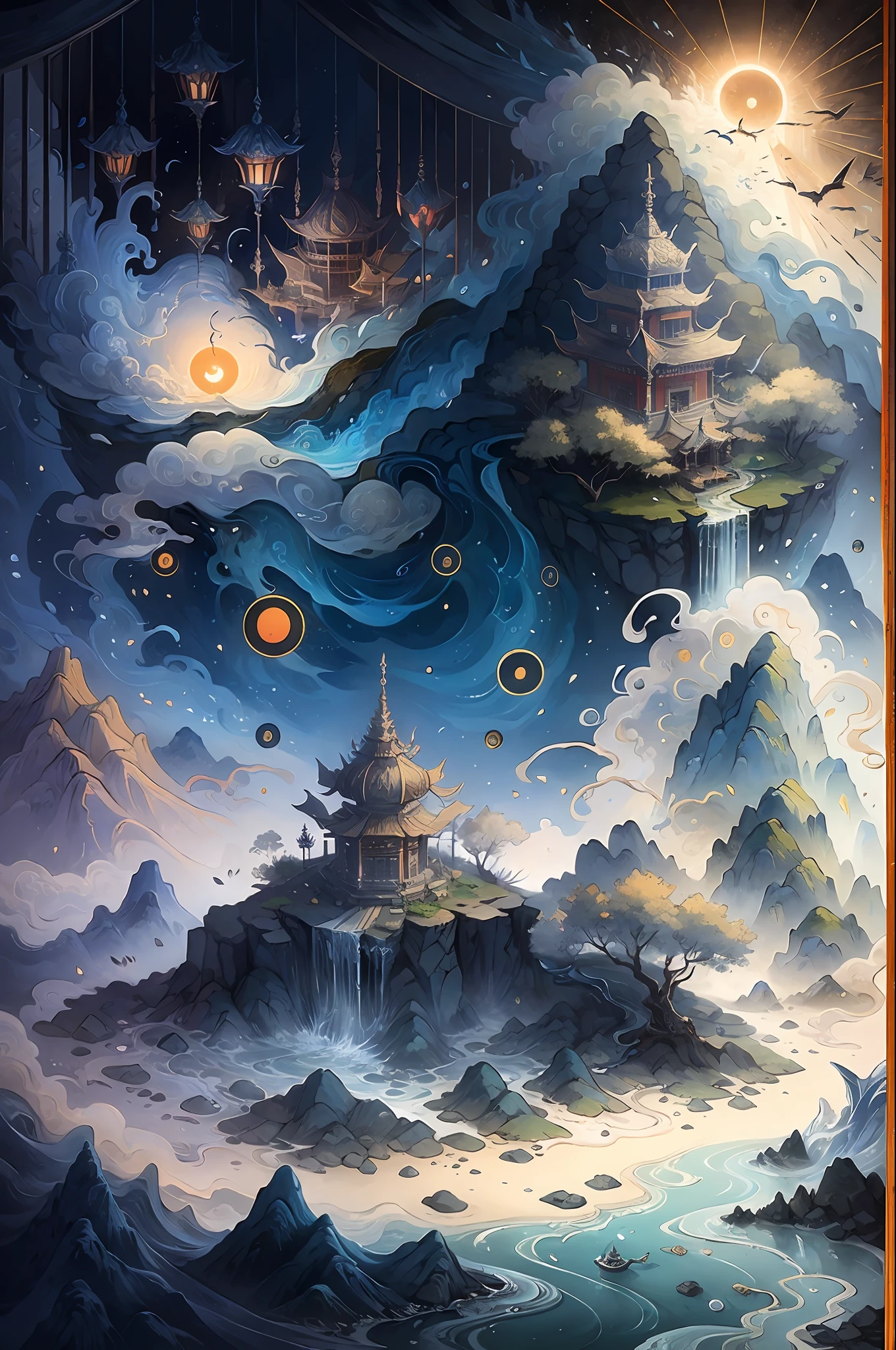 Because of the various forms of illusion, he appears to have various forms, hindu mythology, mountains, rivers, auspicious clouds, pavilions, sunshine, masterpieces, super detail, epic composition, ultra HD, high quality, extremely detailed, official art, unified 8k wallpaper, Super detail, 32k -- v 6