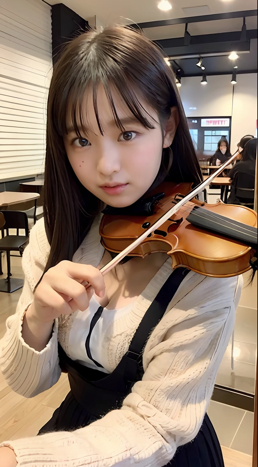 Violin playing、Junior high school student with too big、Study in a café、15yo student、Ultramammy、Sagging milk、soft boob、perspiring、short-hair、knitted V neck