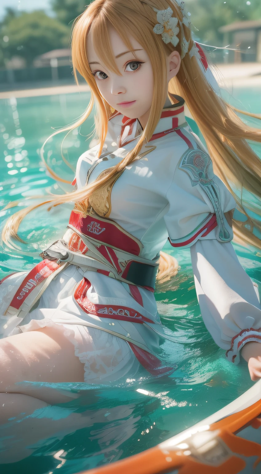 photorealisim, ((Asuna Yuki)from a(Sword Art Online)), (Face the camera directly),(Immerse in water to knee depth), Perfect smile ,Princess Eyes, Beautiful skins, Realistic beautiful girl full body portrait, 17 years old, de pele branca, Her eyes are beautiful, Fantastic face, beautiful look, In a sitting position, 8k resolution concept art portrait, Under the midsummer sun, Midsummer sky and Japan countryside, Pulp Adventure Style, fluid acrylic, Dynamic gradients, Vivid Color, illustratio, Highly detailed vector curves, It features a simple, Smooth and clean, Vector art, sleeoing, Character Design, 3D Shading, Cinematic, ornate pattern, elegant organic framing, Hyper-Realism, Posterized, Collection of masterpieces,bright colour, Wet gouache, Reallife Human,