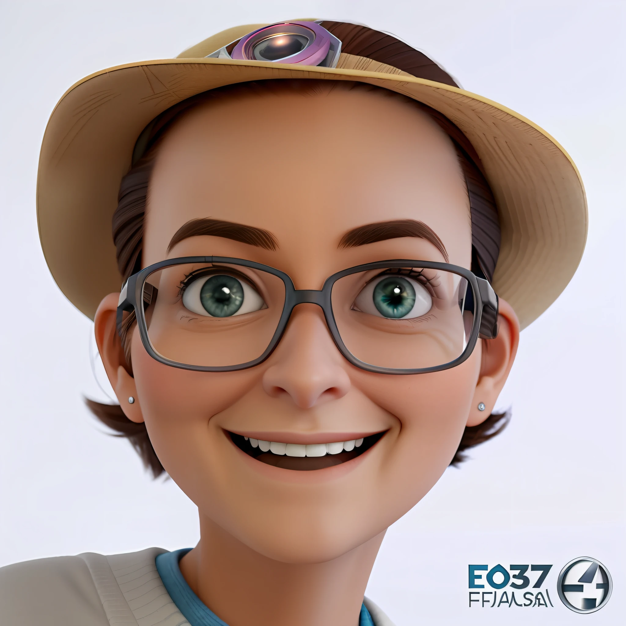 uma mulher sorridente, expression of surprise, with glasses and hat, cabelos castanhos, olhos castanhos, imagem da Pixar, imagem ultra realista 4k, retrato de weta Disney