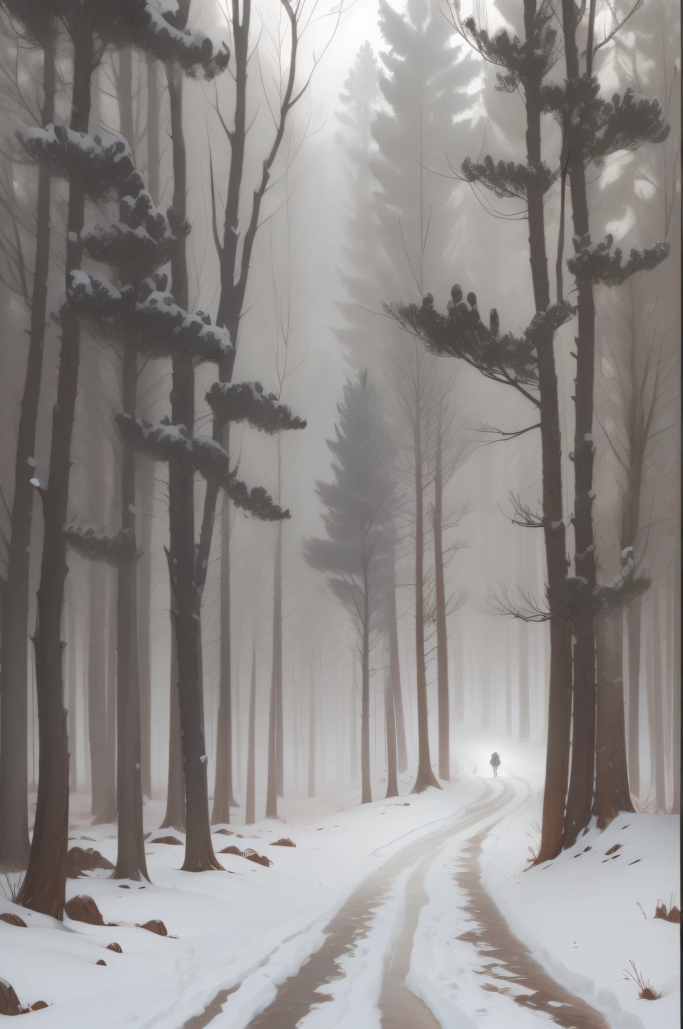 Snowy road in the woods,concept-art,Snow in winter,digitial painting,Atmospheric elegance,Inspired by Rozarsky and Domalazki,Sikannede's style,Works by Lee Jeon-suk