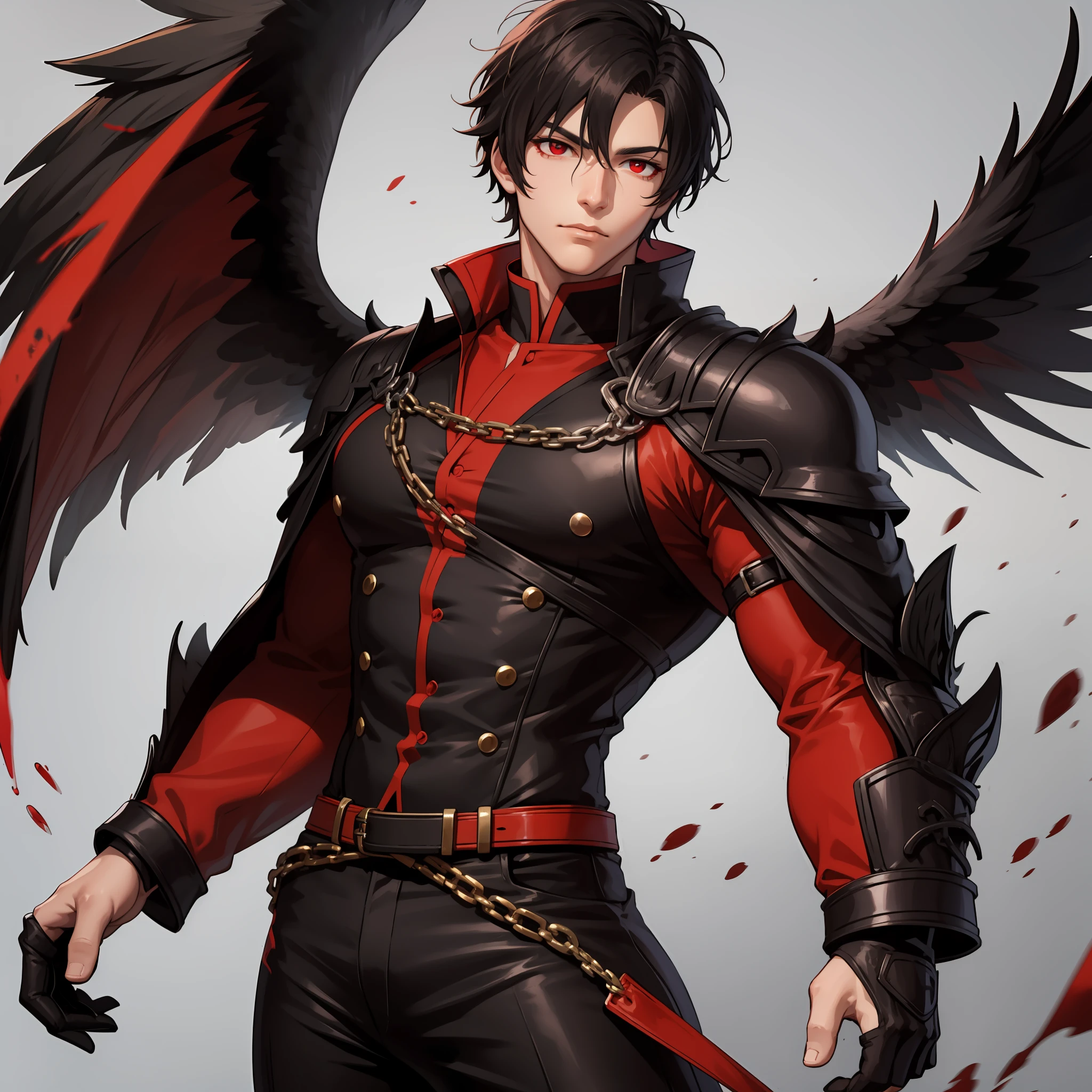 Short black hair, blood-red eyes, and pure black wings. Clean-shaven. Very tall male figure.