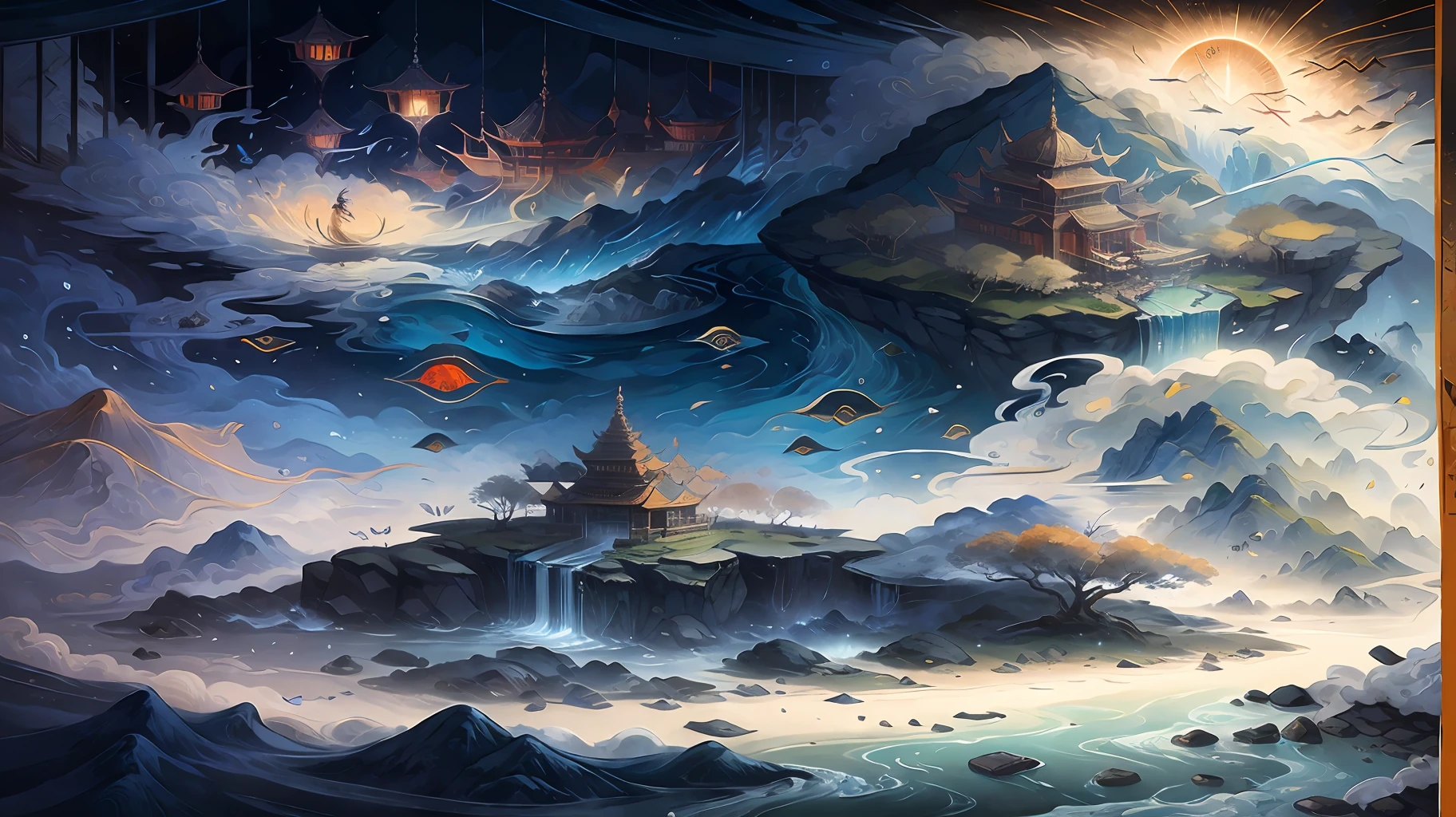 Because of the various forms of illusion, he appears to have various forms, hindu mythology, mountains, rivers, auspicious clouds, pavilions, sunshine, masterpieces, super detail, epic composition, ultra HD, high quality, extremely detailed, official art, unified 8k wallpaper, Super detail, 32k -- v 6