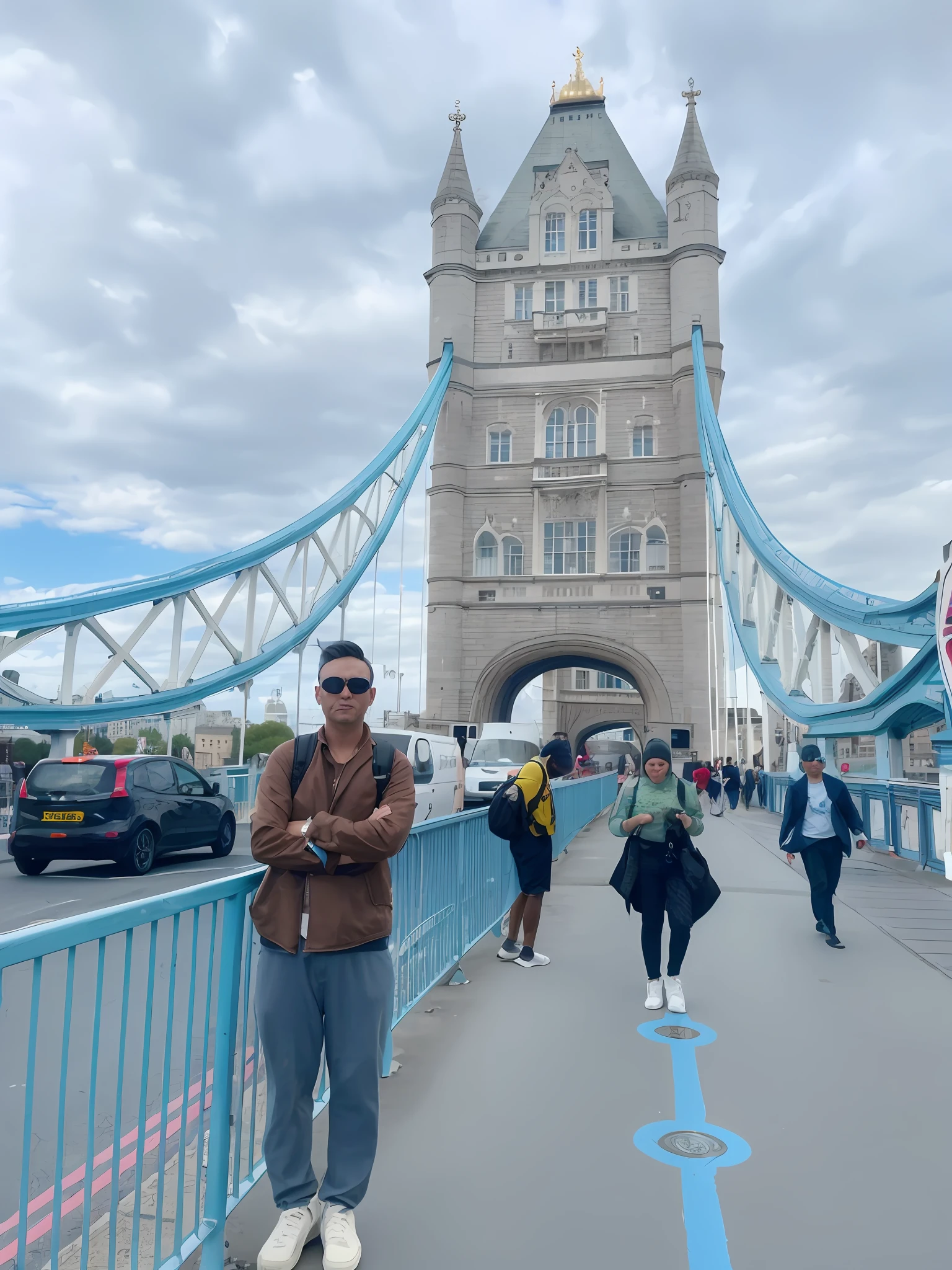 Alatei stands on the bridge,There is a sign in front of the bridge, in london, Tower Bridge, london, photograph taken in 2 0 2 0, usa-sep 20, taken in 2 0 2 0, smooth in _ Background with, soaring towers and bridges, in the background, victor ngai, 🤬 🤮 💕 🎀, Josh Grover