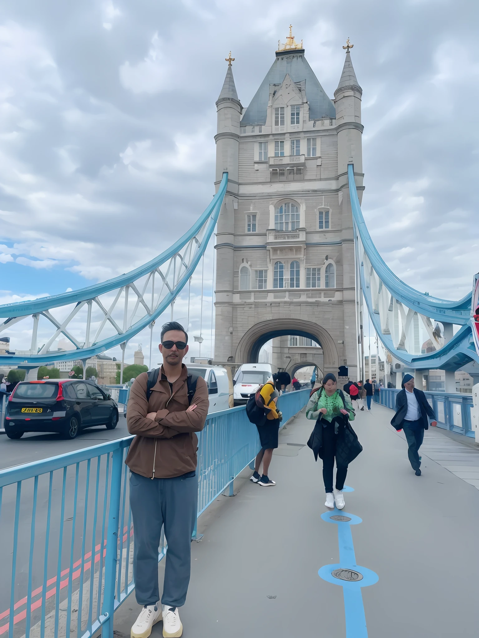 Alatei stands on the bridge,There is a sign in front of the bridge, in london, Tower Bridge, london, photograph taken in 2 0 2 0, usa-sep 20, taken in 2 0 2 0, smooth in _ Background with, soaring towers and bridges, in the background, victor ngai, 🤬 🤮 💕 🎀, Josh Grover