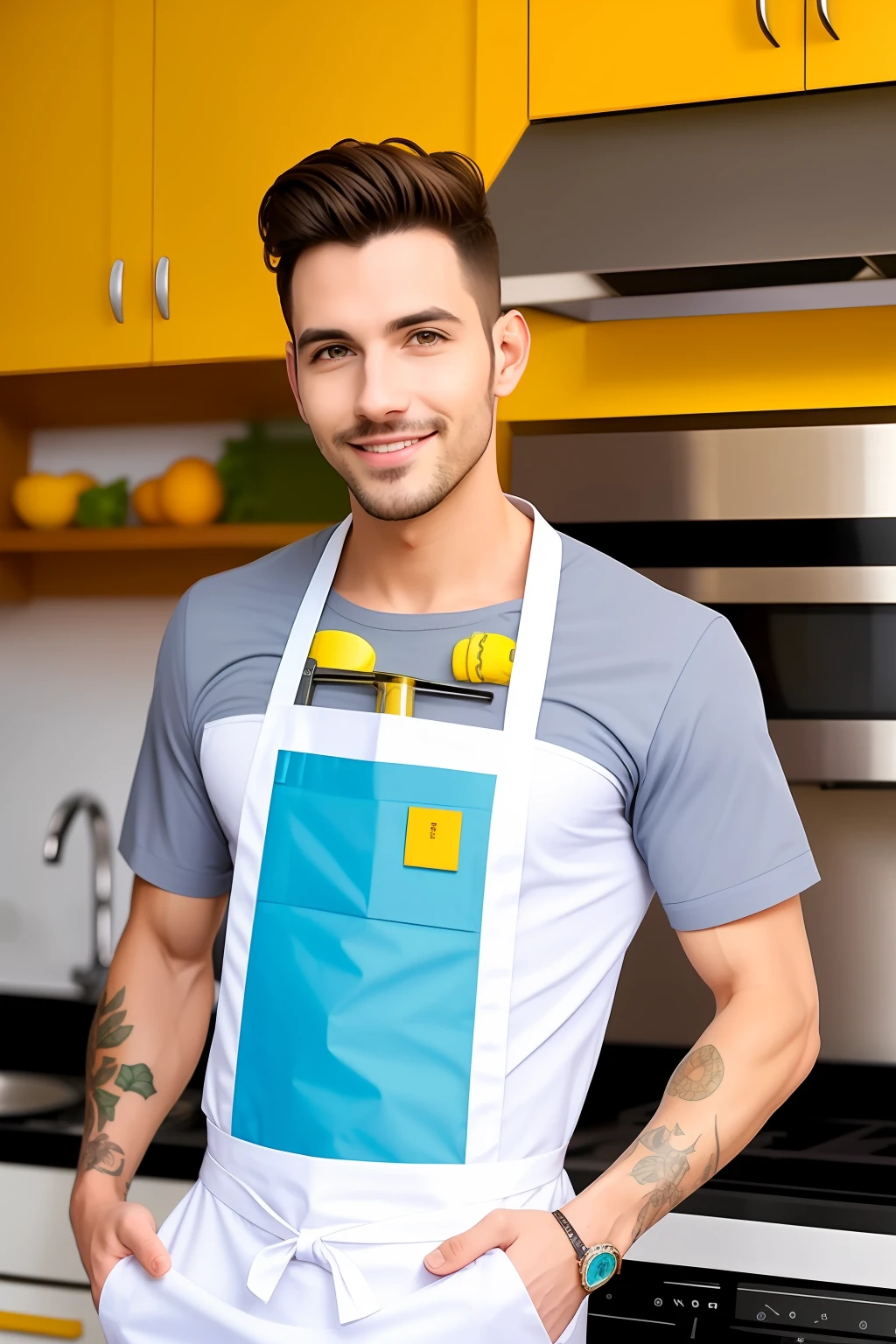 Homem e mulher futurista com o corpo definido na cozinha cozinhando e com roupa de malhar.