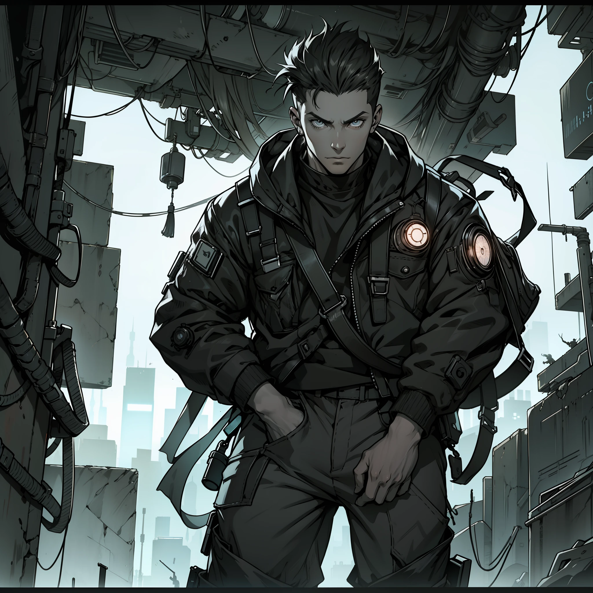 monocromatico,preto branco,anime ,1boy,solo,cabelo curto ,olhos detalhados,roupa cyberpunk,Cyberpunk pants ,sapato social,pose dinamica,Obra prima,Alta qualidade