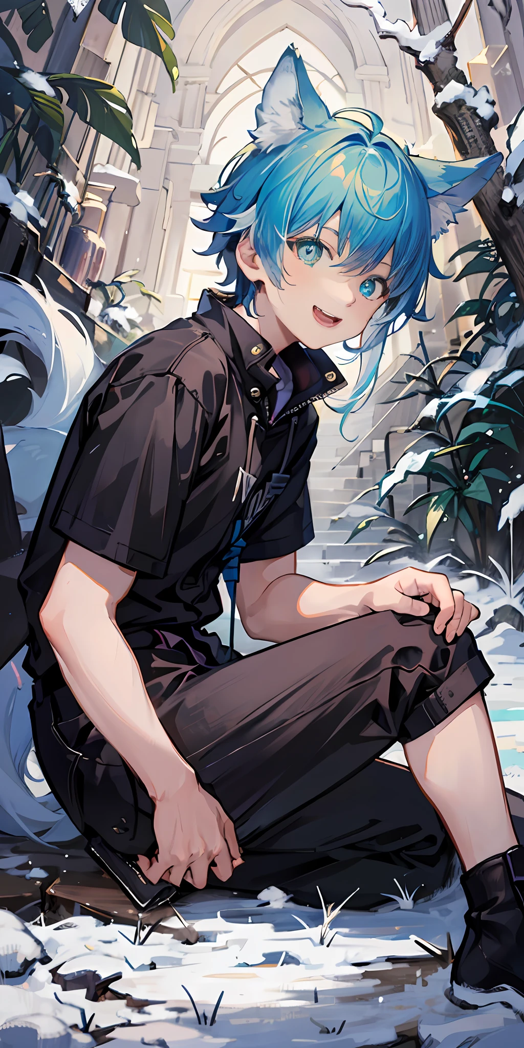 1boy,Shota,(high-definition quality,Masterpiece level),Fresh and cold boy character,Wolf ears、Wolf Tail highlights the sense of belonging to the character,Heterochromatic eyes and the color of light blue hair echo each other,with clean lines,Show the modesty and confidence of the character,tmasterpiece, lightblue hair, Heterochromic eyes,(Wolf ears),(Wolf tail),One tail,A young boy with,Lean body type,laughing very happily,Dull hair,Brown pick dye,with fair skin,mid - length hair