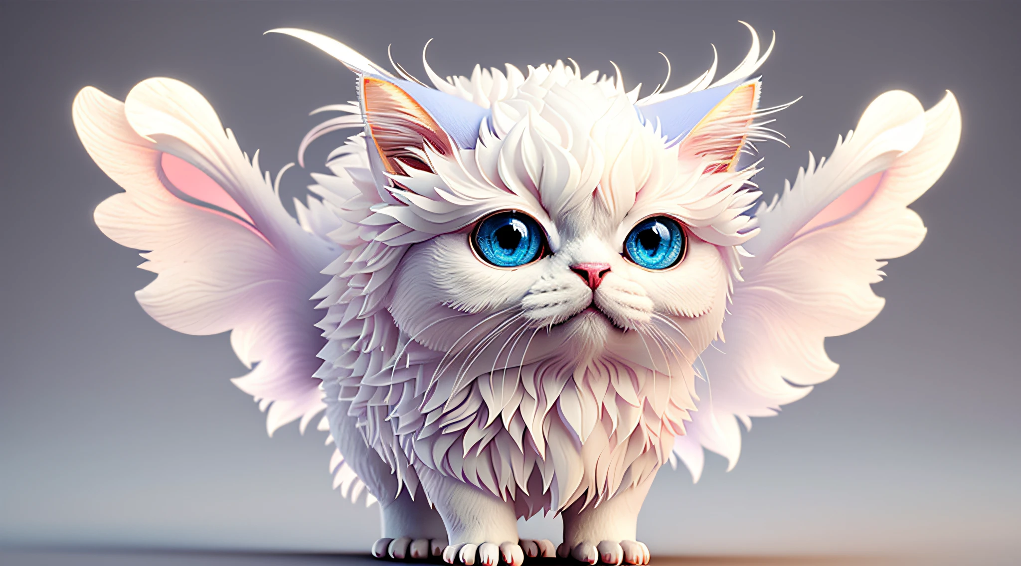 There is a cute white cat with big blue eyes and a cute white cute cat with big blue eyes, painting digital adorable, arte digital detalhada bonito, arte digital bonito, bonito 3 d render, criatura fofa, criatura fofa da floresta, criaturinha fofa, criaturas fofas, fofo! c4d, adorable glowing creature, arte fofa, Arte de Wlop e Greg Rutkowski. redo in several different positions