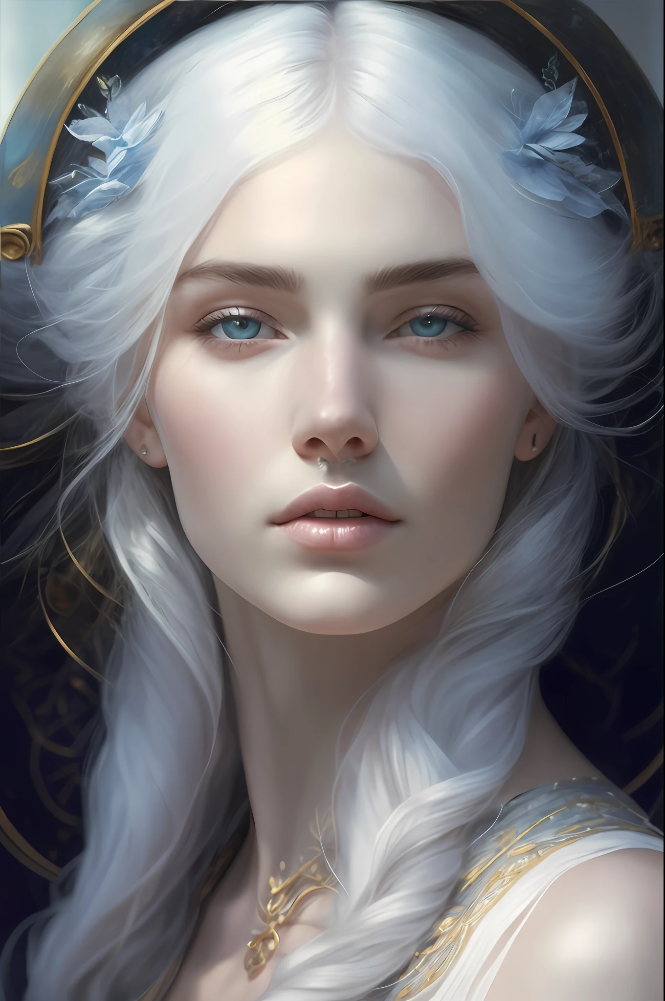 extremely white and pale skin, cold and intimidating look, kleine Nase, young woman, beautiful, perfekt, blaue Augen, markierter Kiefer, extremely beautiful, Perfektes Gesicht, Unrealistic beauty, Infinite beauty,8K, ultra realistisch, extrem detailliert, portrait, fotorealistisch, surrealistisch, Goddess of Beauty