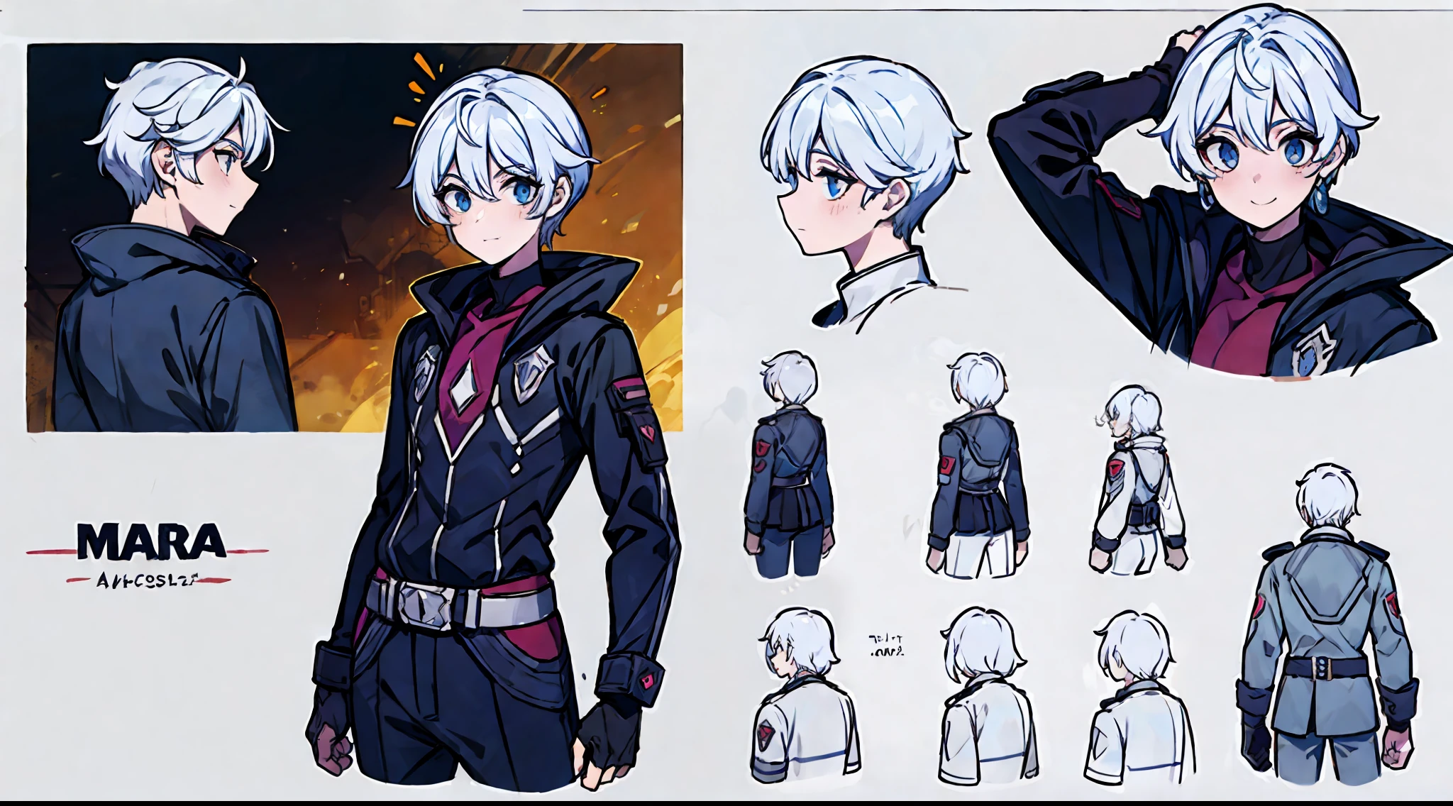 ((obra-prima)),(((melhor qualidade))),(folha de design de personagem, mesmo personagem, frente, lado, costas), 1boy, solo, cabelo cinza curto, olhos azuis, obra-prima, melhor qualidade, olhando ao redor, corpo inteiro, 150cm de altura, detalhado, sorridente, Cyberpunk outfit with futuristic pants, espada azul como acessorio ,charturnbetalora, arte conceitual, arte conceitual do personagem, Character sketch, refer ence sheet, folha de caractere, (fundo simples, fundo branco: 1.3)