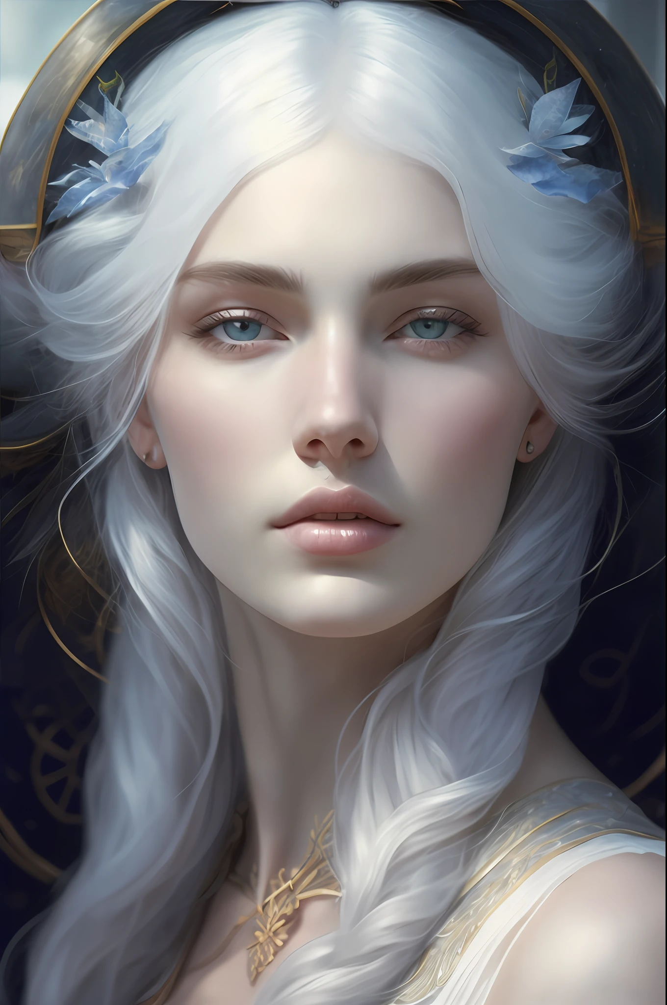 extremely white and pale skin, cold and intimidating look, kleine Nase, young woman, beautiful, perfekt, blaue Augen, markierter Kiefer, extremely beautiful, Perfektes Gesicht, Unrealistic beauty, Infinite beauty,8K, ultra realistisch, extrem detailliert, portrait, fotorealistisch, surrealistisch, Goddess of Beauty