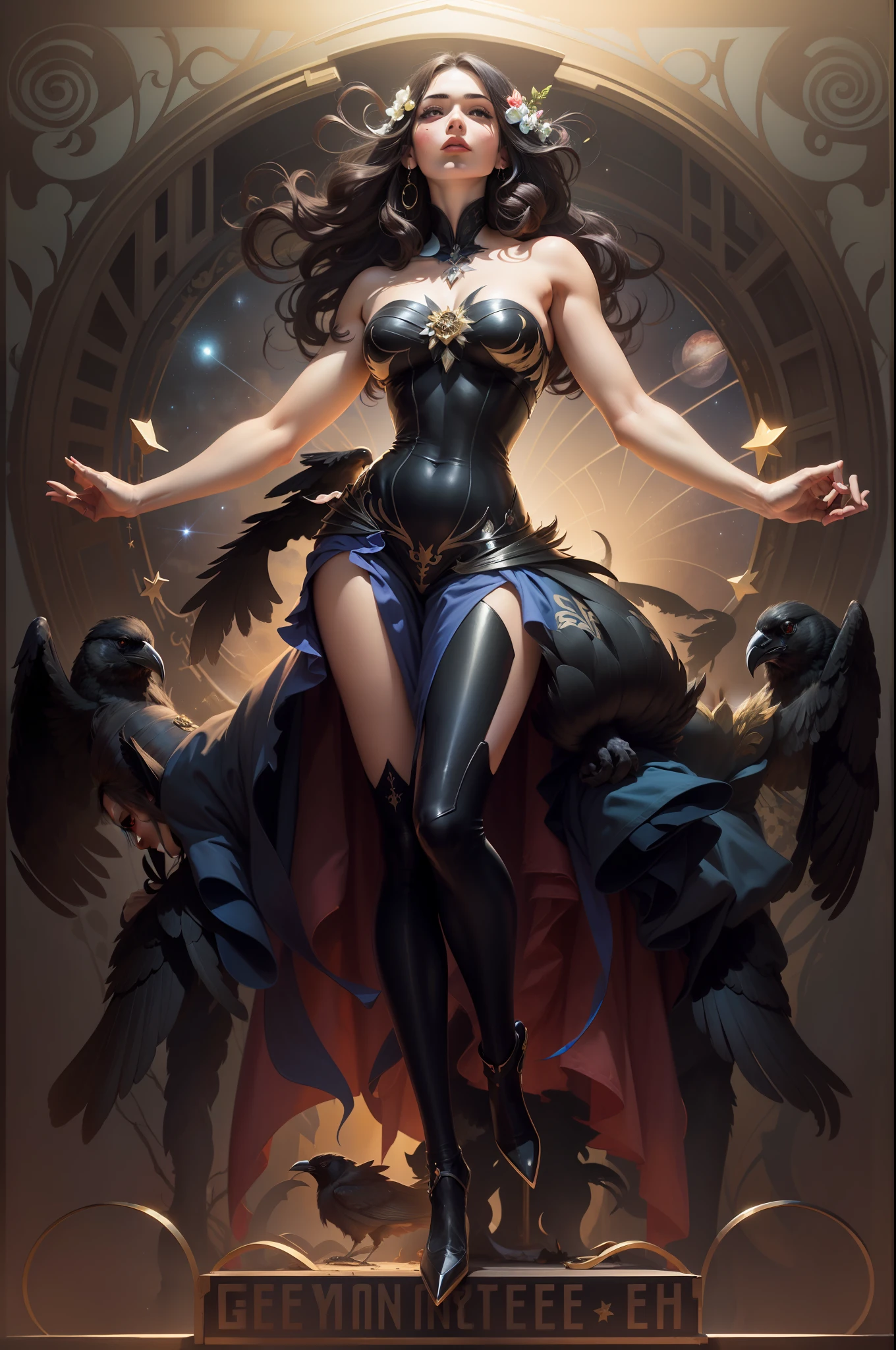 ((1girl)), painting by Alfons mucha and artgerm, A woman in a flowing dress holding a crow in her hand, surrounded by floral motifs and ((geometric patterns)), The crow could symbolize wisdom, mystery, or magic.
A woman with long hair and looking at a crow perched on a branch. The crow could represent freedom, adventure, or curiosity.
A very beautiful woman with a crow wings standing in front of a moonlit night sky, with stars and planets forming a halo around her head. The crow could signify transformation, creativity, or spirituality.