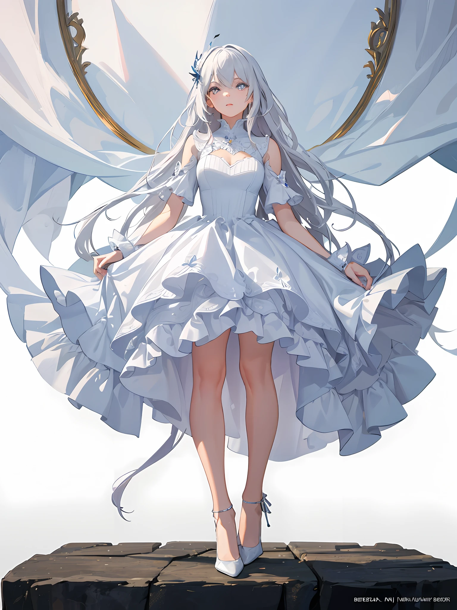 A high resolution, HighestQuali, illustration, Cinematic light, Ultra detailed, Detailed face, (Detailed eyes), Best quality, ultra - detailed, Masterpiece, (Detailed face),Kizi,White dress,blacksilk,Look up,No shoes
