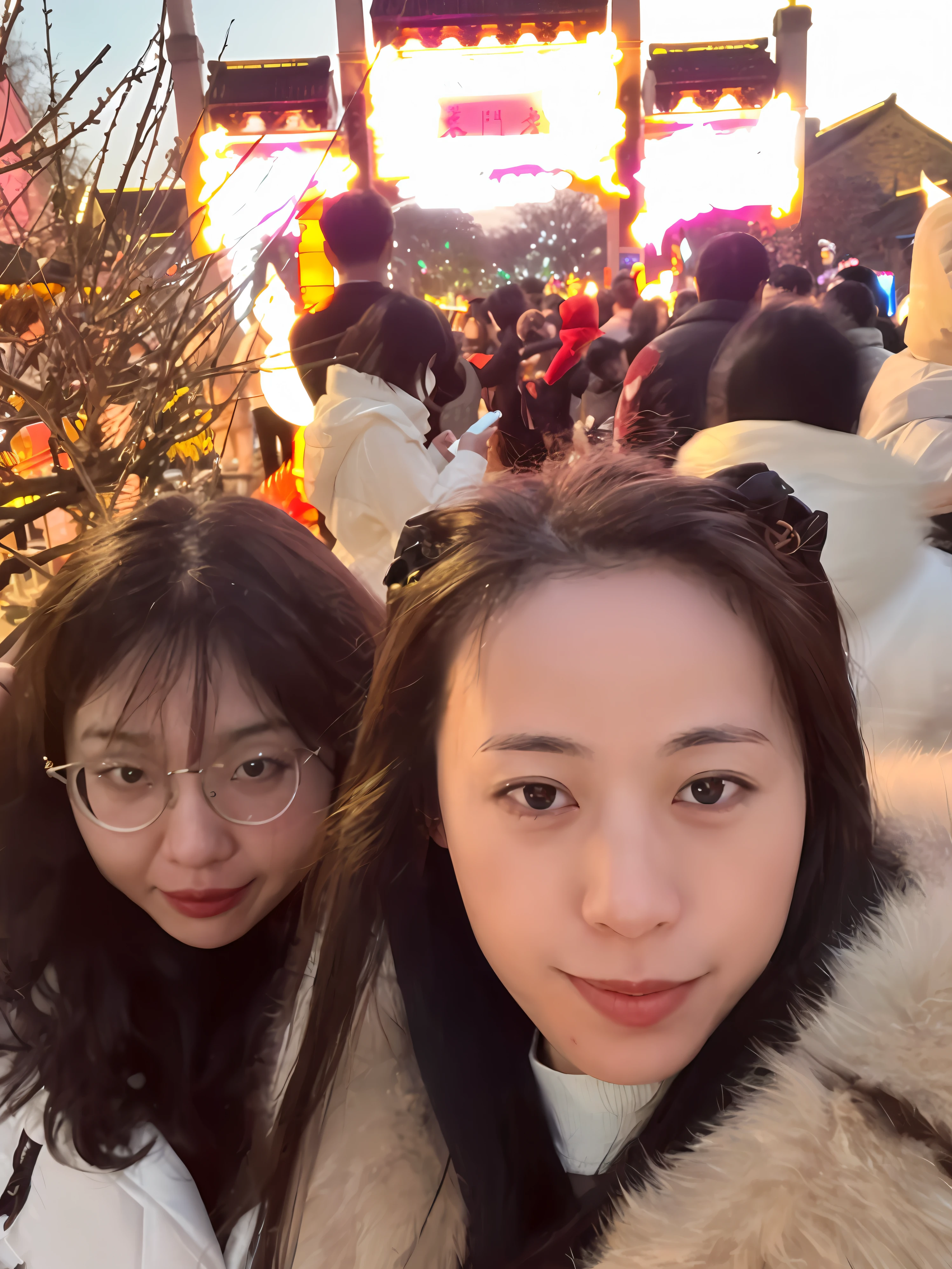 Two women pose for a group photo in front of the crowd, Chinese New Year in Shanghai, Ruan Jia and Fenghua Zhong, personal profile picture, 8K)), 8K, Digital, Selfie Photos, wenfei ye, Profile picture, A picture, photograph taken in 2 0 2 0, Weibo, zmonzheng, very very low quality picture