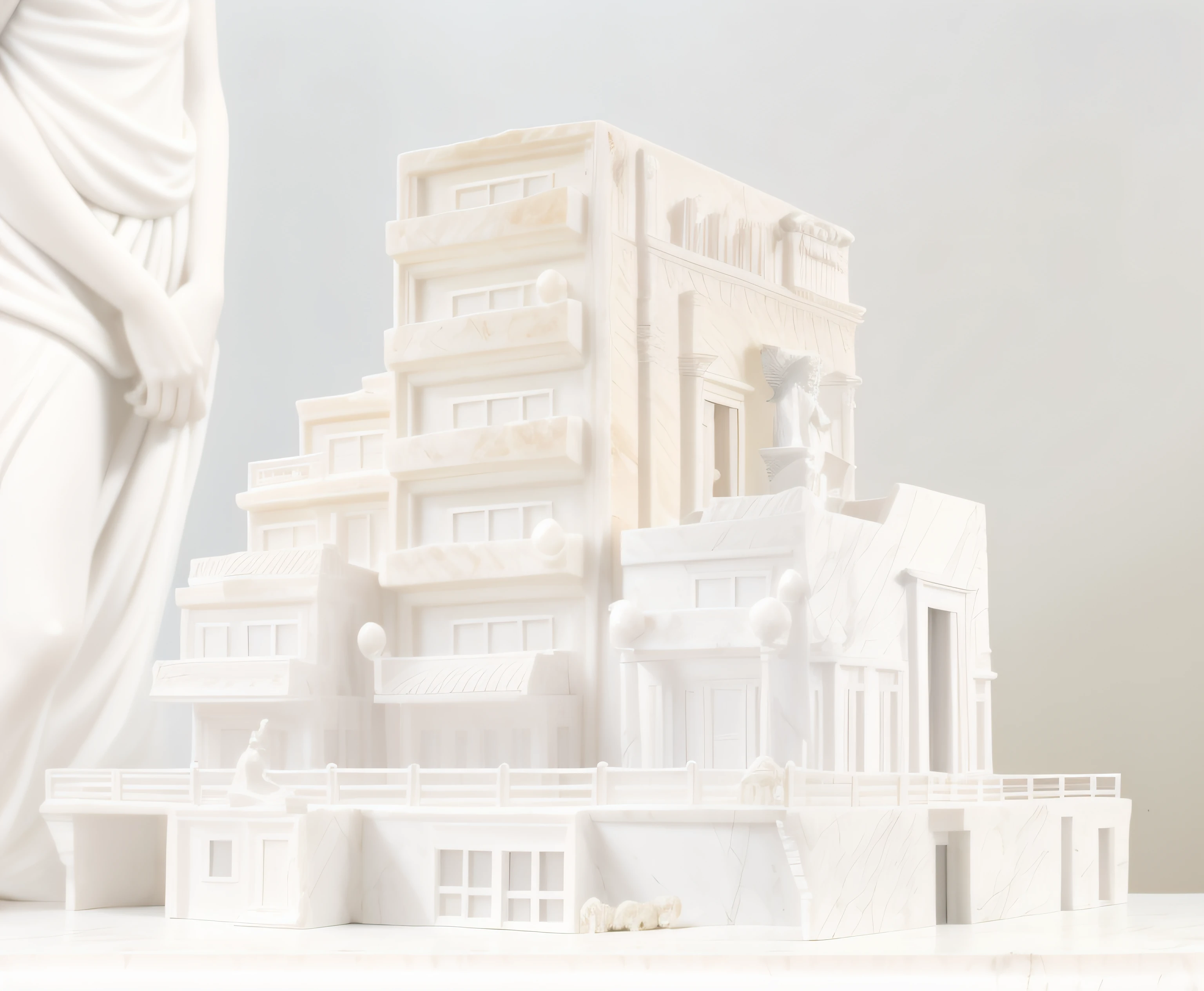 Escultura maqueta blanca de fciudad con edificios, Classical antiquities, White marble model sculpture, Classic factory model sculpture, Classic marble model, Plantilla grande, (((White Greek marble statue))), ((fotorrealista)) realista, luz proveniente de arriba, modelismo, yeso, Foto de estudio.