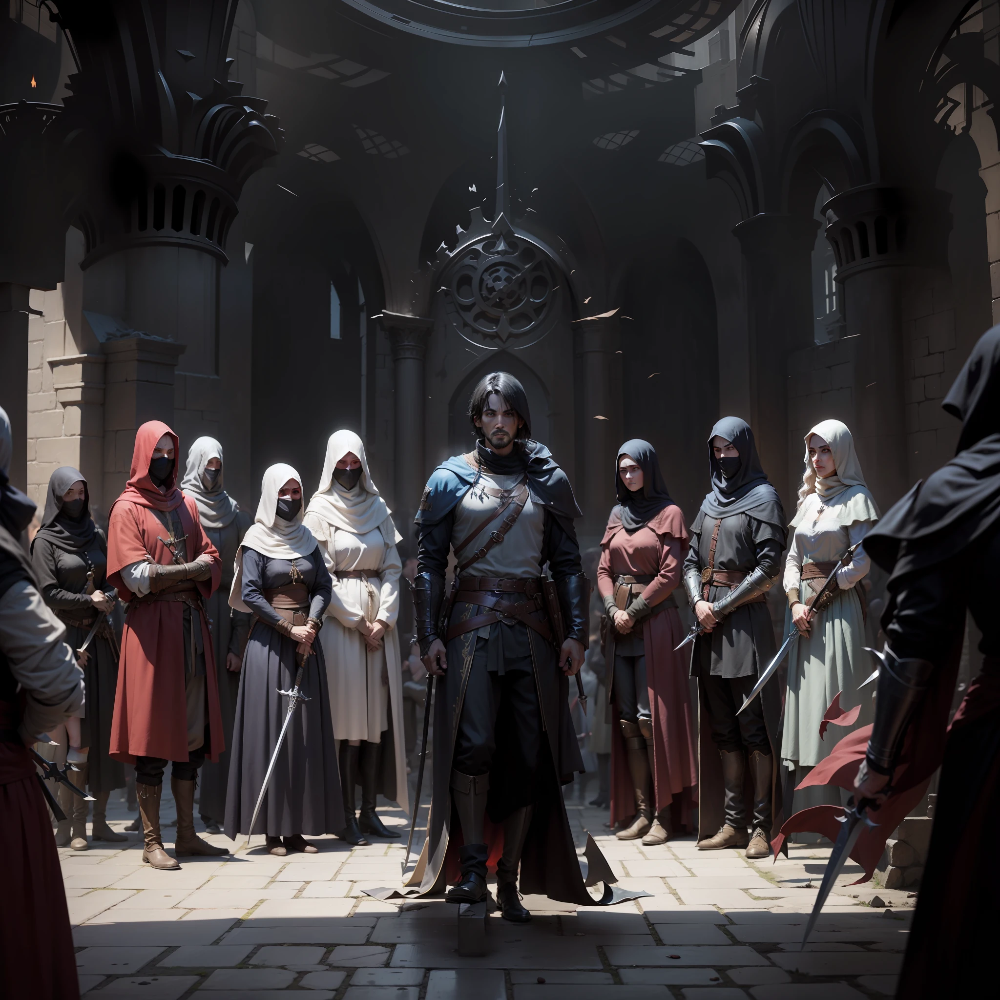 crowded group of medieval assasins, standing next to each other with daggers and swords --auto