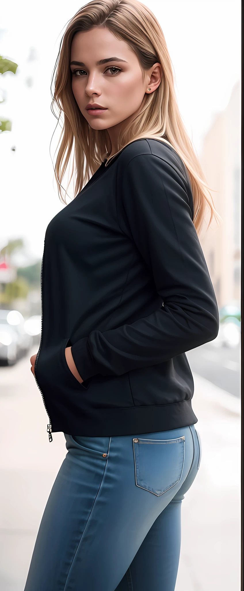 beautiful Swedish college girl, blonde, full body, in stylish outfit, outside on street, ((slim, petite)), photorealistic, photo, masterpiece, realistic, realism, photorealism, high contrast, photorealistic digital art trending on Artstation 8k HD high definition detailed realistic, detailed, skin texture, hyper detailed, realistic skin texture, armature, best quality, ultra high res, (photorealistic:1.4),, high resolution, detailed, raw photo, sharp re, by lee jeffries nikon d850 film stock photograph 4 kodak portra 400 camera f1.6 lens rich colors hyper realistic lifelike texture dramatic lighting unrealengine trending on artstation cinestill 800,