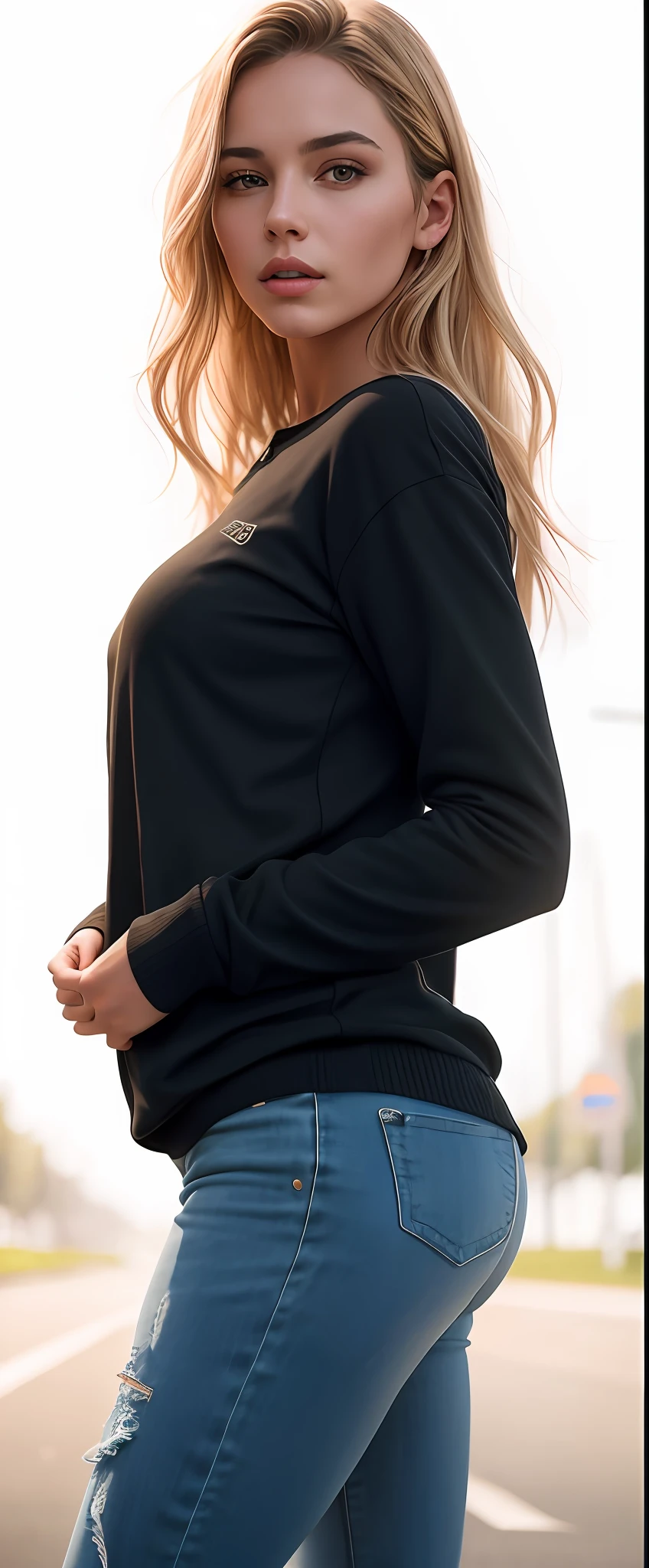 beautiful Swedish college girl, blonde, full body, in stylish outfit, outside on street, ((slim, petite)), photorealistic, photo, masterpiece, realistic, realism, photorealism, high contrast, photorealistic digital art trending on Artstation 8k HD high definition detailed realistic, detailed, skin texture, hyper detailed, realistic skin texture, armature, best quality, ultra high res, (photorealistic:1.4),, high resolution, detailed, raw photo, sharp re, by lee jeffries nikon d850 film stock photograph 4 kodak portra 400 camera f1.6 lens rich colors hyper realistic lifelike texture dramatic lighting unrealengine trending on artstation cinestill 800,