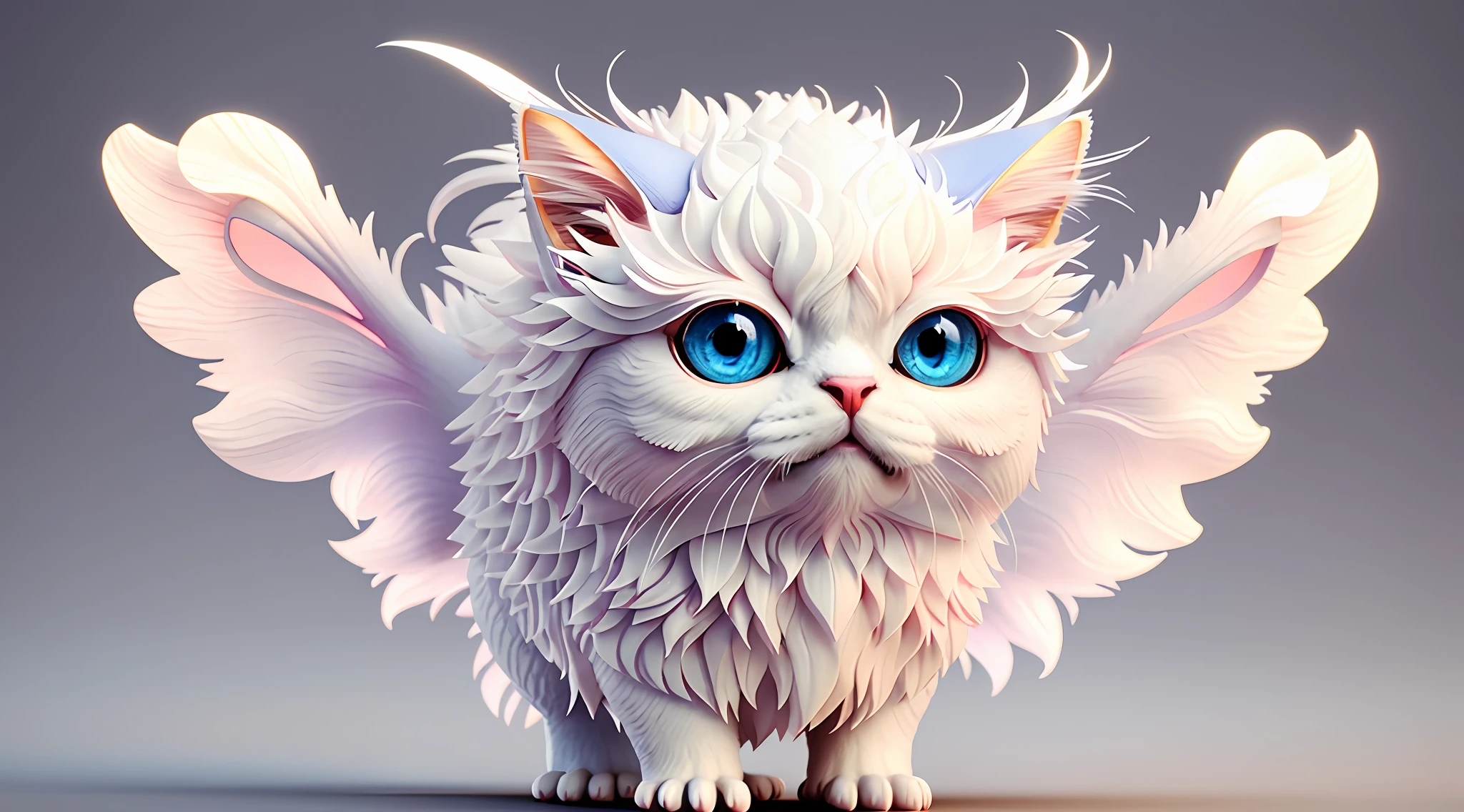 There is a cute white cat with big blue eyes and a cute white cute cat with big blue eyes, painting digital adorable, arte digital detalhada bonito, bela arte digital, bonito 3 d render, criatura fofa, criatura fofa da floresta, criaturinha fofa, criaturas fofas, Pescador! c4d, adorable glowing creature, arte fofa, Arte de Wlop e Greg Rutkowski. redo in several different positions. de costas.