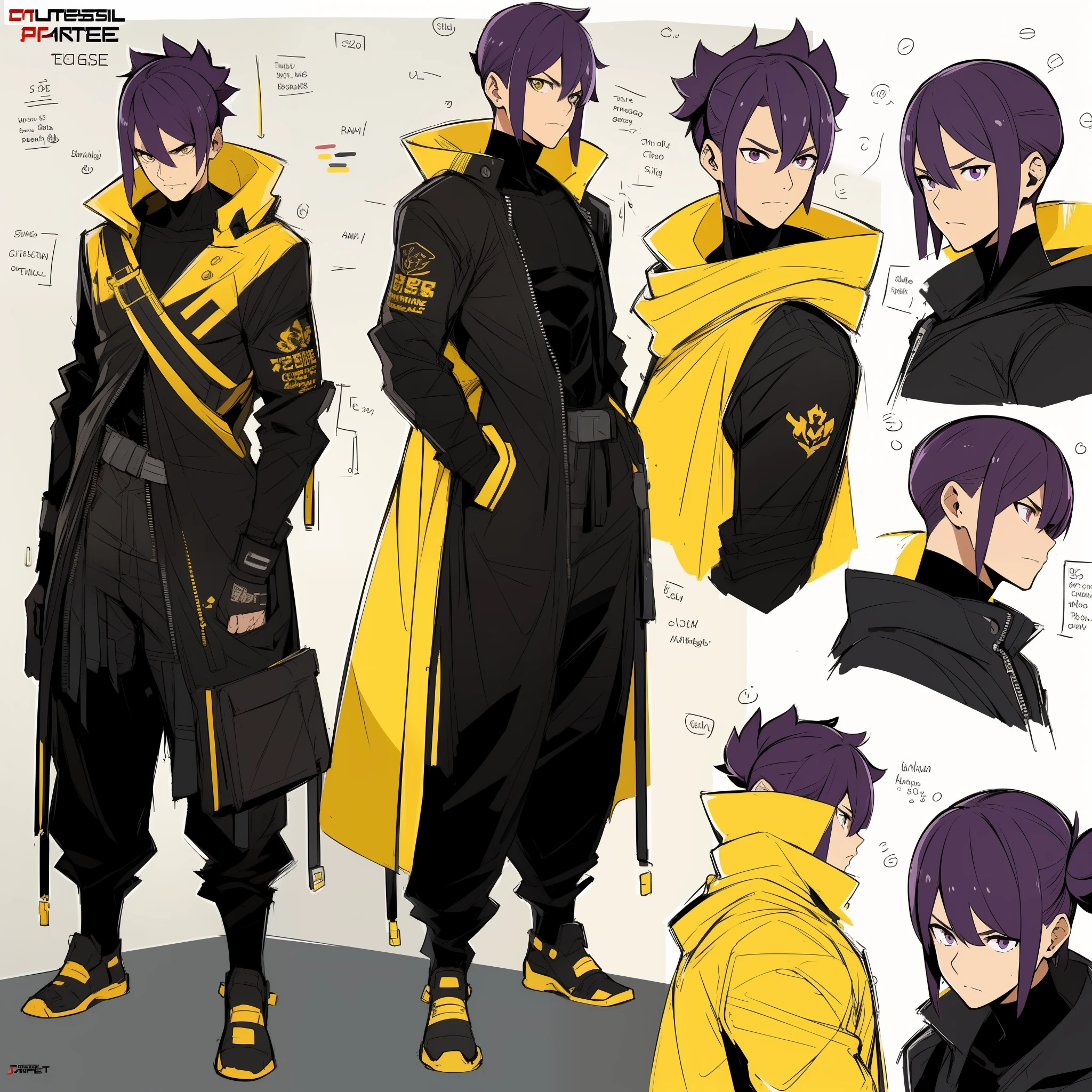 Yellow theme,Masterpiece,Best quality,offcial art,Extremely detailed Cg Unity 8K wallpaper,1 man,Tall figure,musculous,Armor, joy, Anger and sadness on various expressions,Single ponytail hairstyle,Glowing fist,Mechanical headphones,(((Yellow combat uniform))),yellow capelet,Hand-held laser metal weapons,Purple hair,character design,Zhuzeshegi,Sketch line diagram,