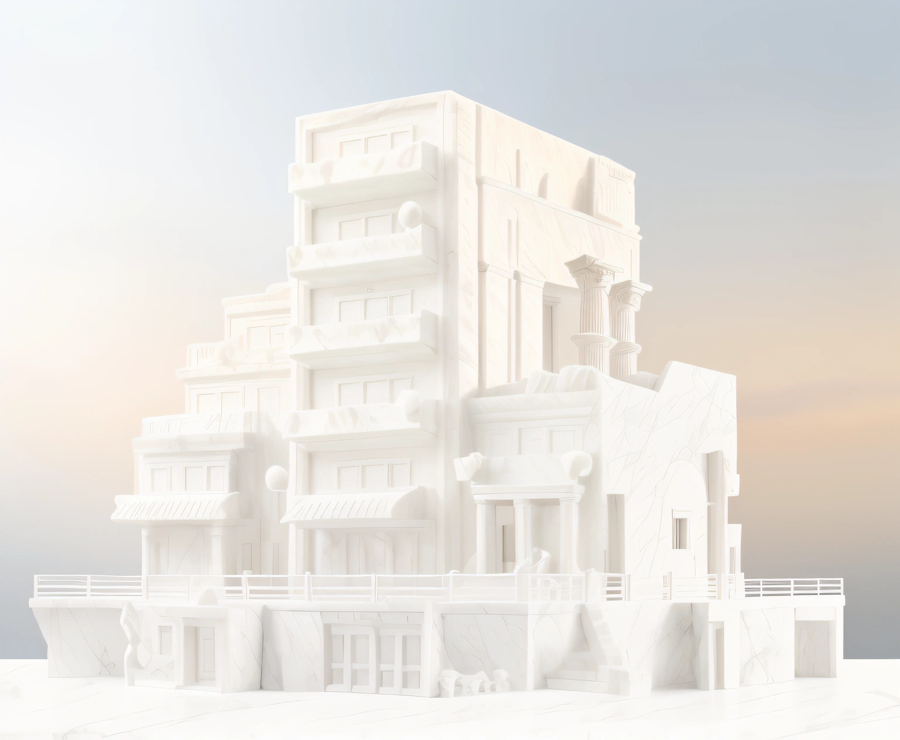 Escultura maqueta blanca de fciudad con edificios, Classical antiquities, White marble model sculpture, Classic factory model sculpture, Classic marble model, Plantilla grande, (((White Greek marble statue))), ((fotorrealista)) realista, luz proveniente de arriba, modelismo, yeso, Foto de estudio.