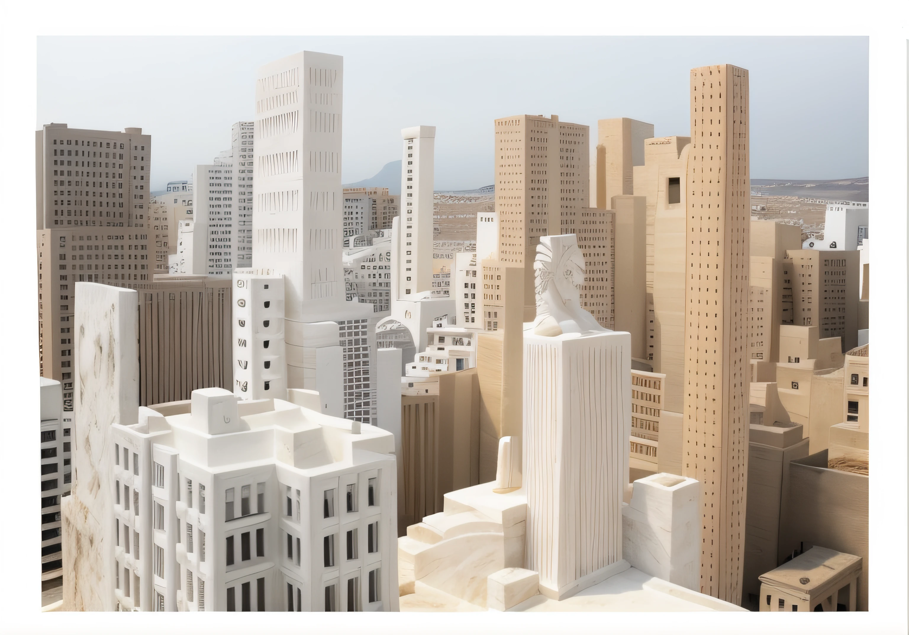 Escultura maqueta blanca de fciudad con edificios, Classical antiquities, White marble model sculpture, Classic factory model sculpture, Classic marble model, Plantilla grande, (((White Greek marble statue))), ((fotorrealista)) realista, luz proveniente de arriba, modelismo, yeso, Foto de estudio.