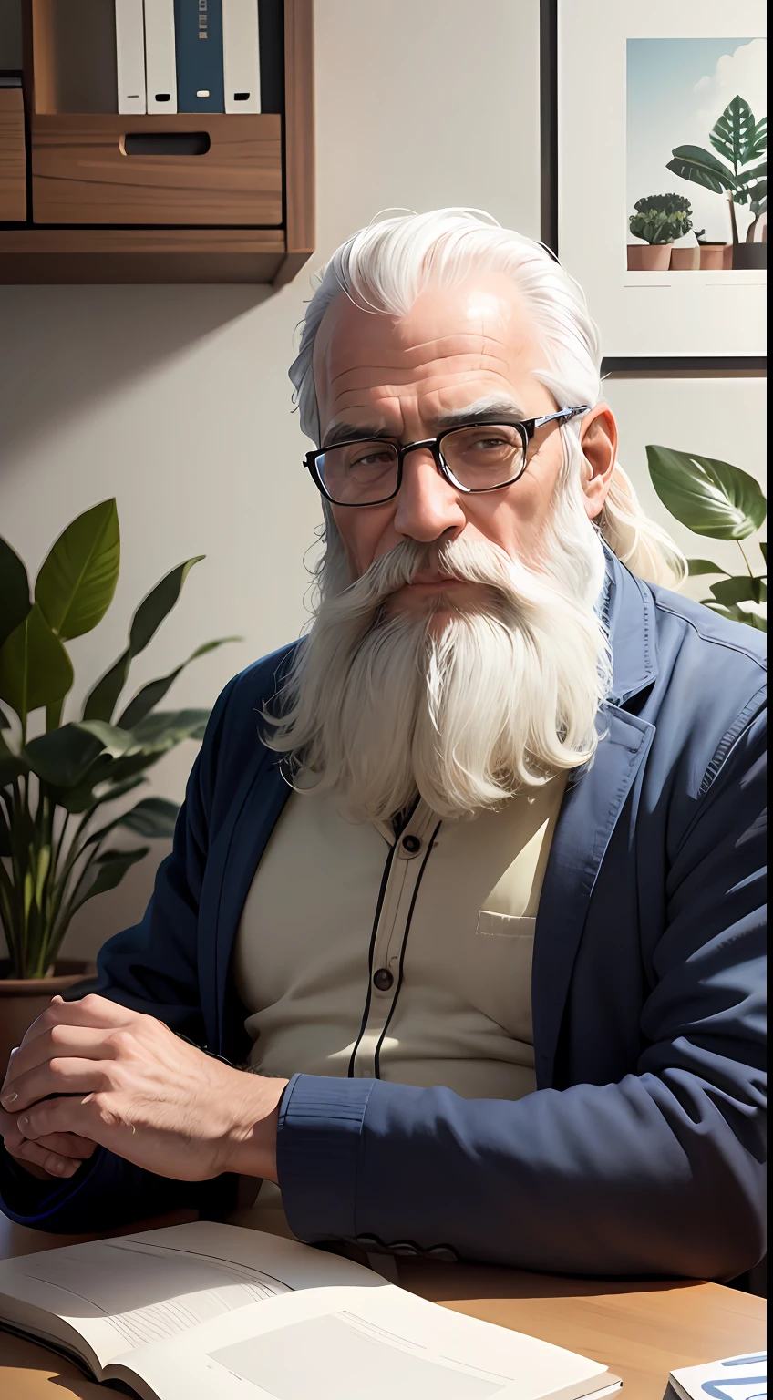 homem de 50 anos com barba grisalha e cabelos grisalhos, sitting behind an office desk, ao fundo uma estante com livros e algumas plantas decorativas, poster, fixed camera, photoshooting, studio illumination, detalhado, clear, alto detalhe, 4k, ultra realista. --auto