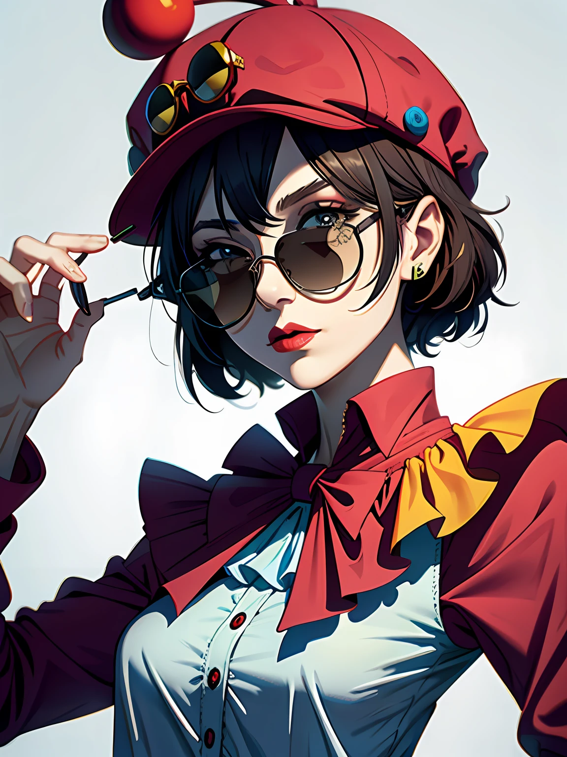 a clown in a sunglasses cap and cold blouse