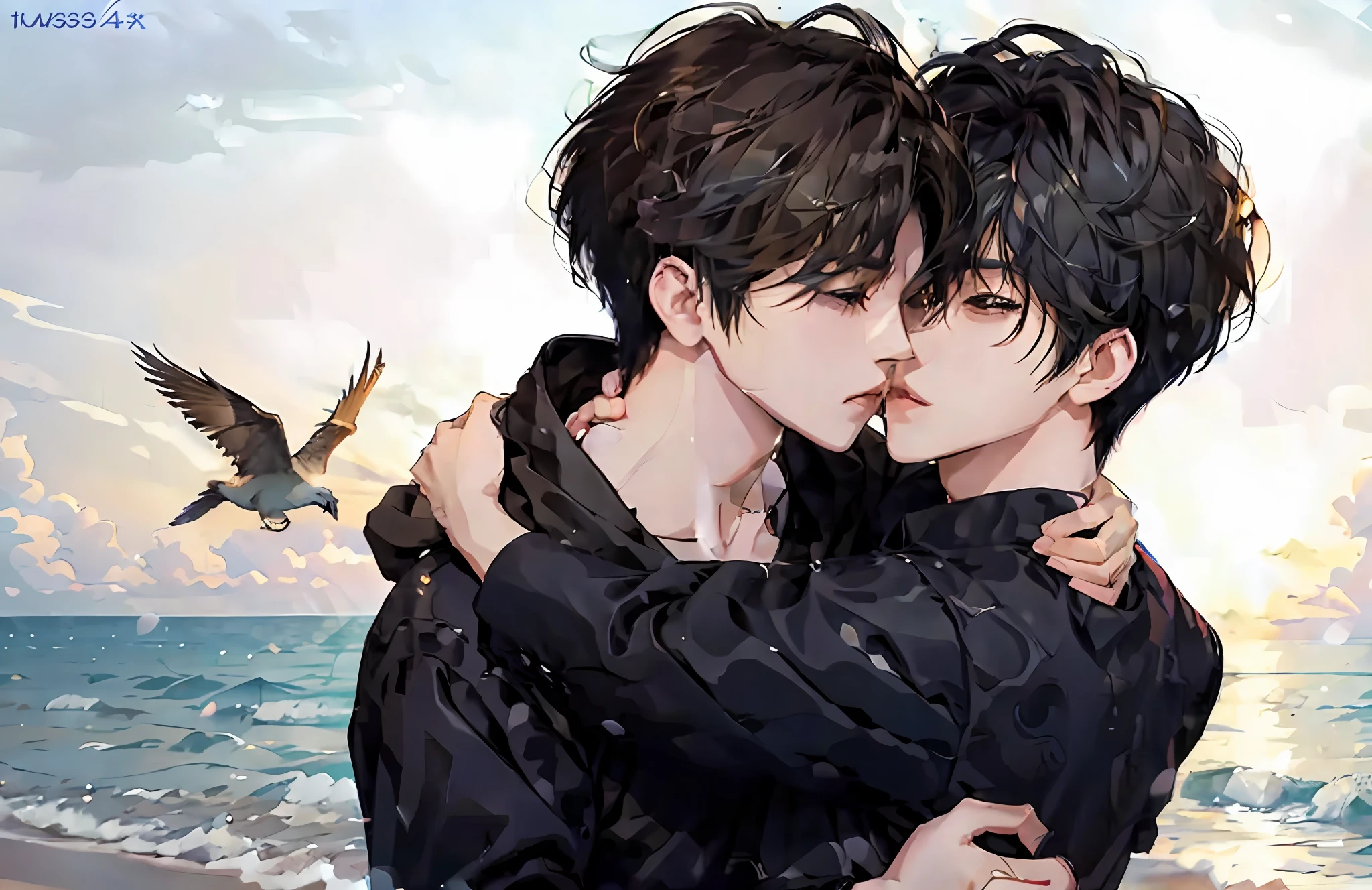 Best quality, masterpiece, very detailed, detailed background anime boys standing in the ocean, birds flying around, anime beautiful peace scene, Superb, stunning, ultra high image quality, realistic, two 18 yo boys, (beautiful face 1.4), (big, constricted waist), short brown hair, bokeh, BL, muscle, beautiful light, shiny skin, small head, shirtless, deep kiss, hug, kissing on lips, feeling love,