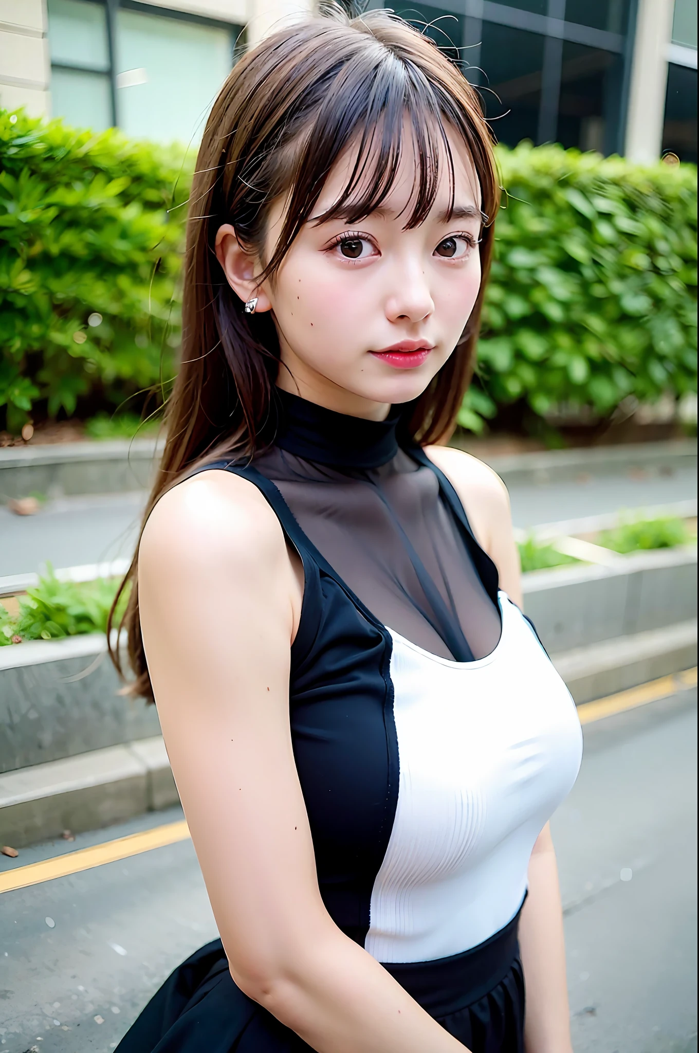 top-quality、超A high resolution、(Photorealsitic:1.4)、1人、Small swimsuit、Black tight skirt、Black choker、(faded ash gray hair:1)、(huge-breasted:1.2)、looking at viewert、a closeup、