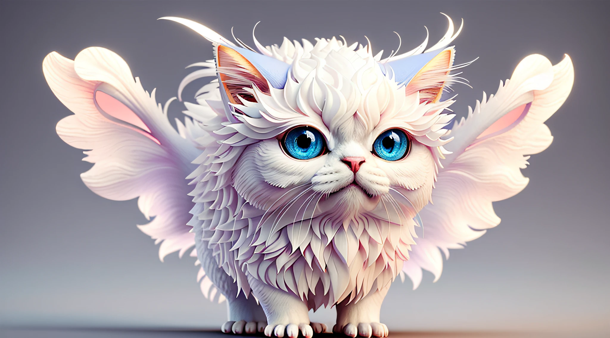 There is a cute white cat with big blue eyes and a cute white cute cat with big blue eyes, painting digital adorable, arte digital detalhada bonito, bela arte digital, bonito 3 d render, criatura fofa, criatura fofa da floresta, criaturinha fofa, criaturas fofas, Pescador! c4d, adorable glowing creature, arte fofa, Arte de Wlop e Greg Rutkowski. redo in several different positions. de costas.