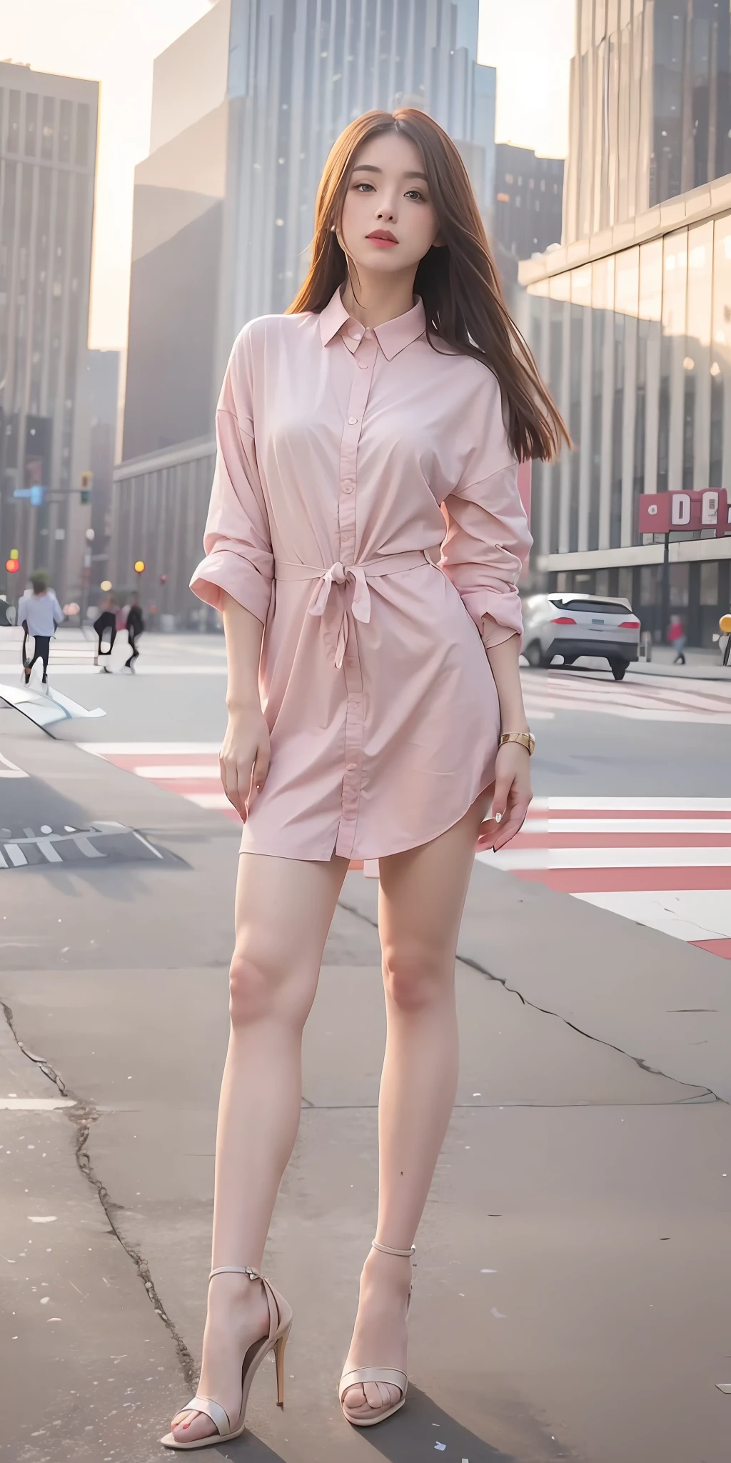 mix4, 20d, solo, long_hair, shirt, dress, high_heels,full_body, look_at_viewer, (8k, RAW photo, highest quality, masterpiece:1.2), (realistic, photorealistic:1.37), professional lighting, photon mapping, radio city, physically based rendering,