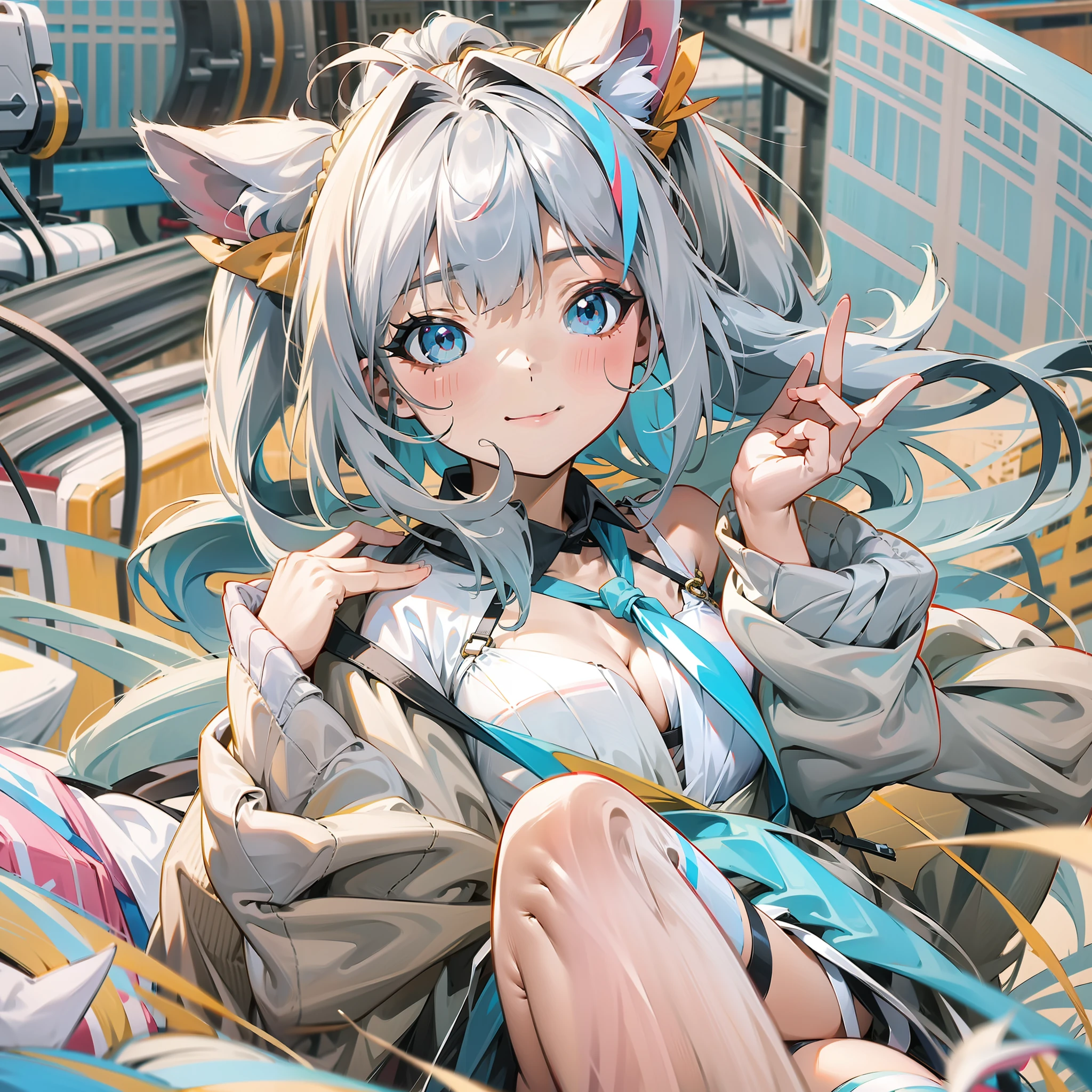 pettycoat,{Best quality}, {{Masterpiece}}, {A high resolution}, Original, extremelydetailedwallpaper, 1girll, {An extremely delicate and beautiful} artbook original incredibly_absurdres female slit_pupils aqua_eyes ponytail silver_Hair yellow_eyes long_hair cat_ears curvy cleavage collar side-tie_bikini flat_chest tail white_thighhighssmile,,