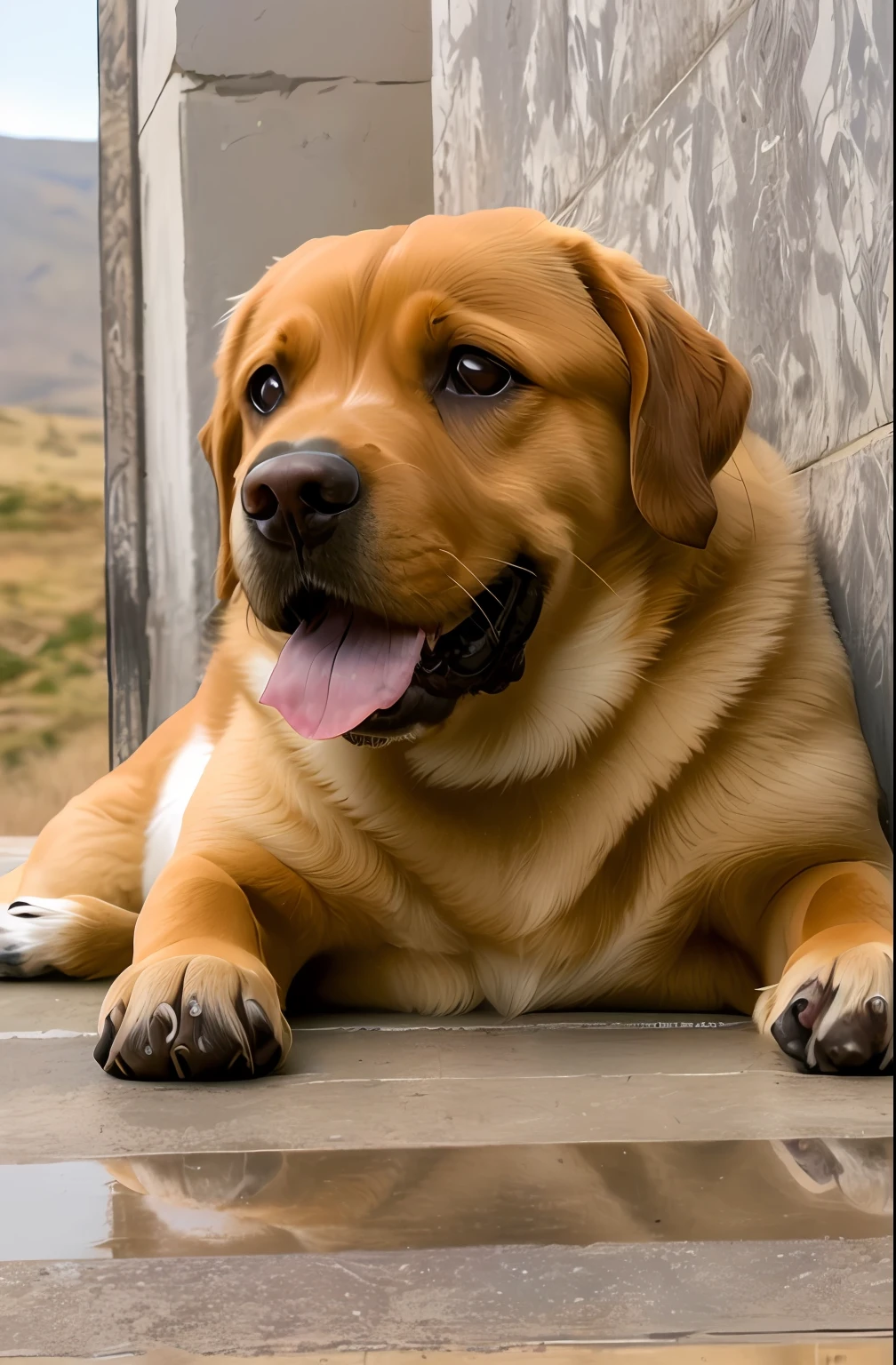 there is a dog that is laying down on the ground, Labrador, Robusto, Anos, Brutus, ela tem cerca de 1 6 anos de idade, Close-up de corpo inteiro, fazendo uma pose majestosa, muito bonito, ela tem uma barriga redonda gorda e agitada, obeso ), she has beautiful bone structure, adult dog, extremamente bonito, it's very huge