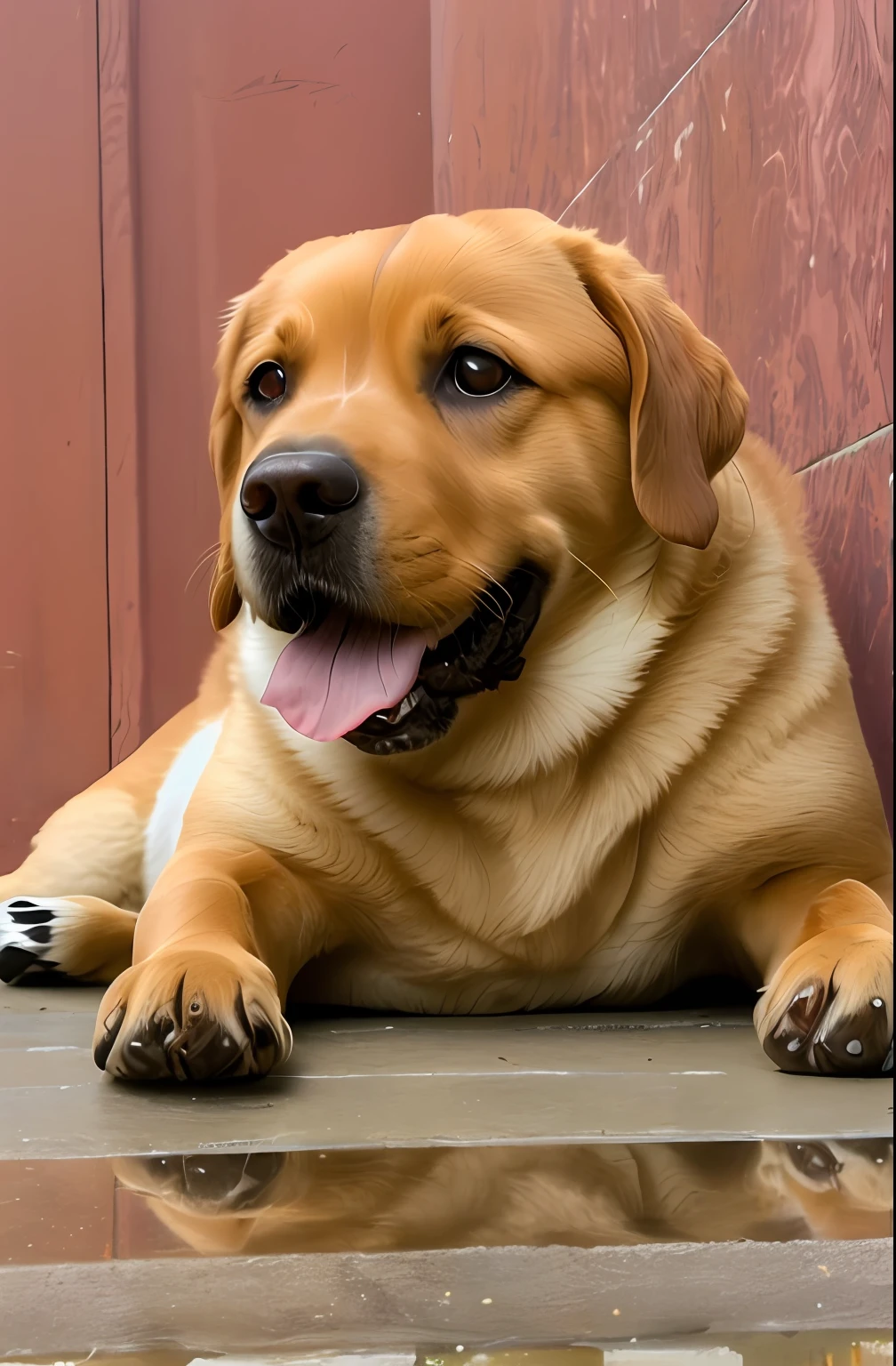 there is a dog that is laying down on the ground, Labrador, Robusto, Anos, Brutus, ela tem cerca de 1 6 anos de idade, Close-up de corpo inteiro, fazendo uma pose majestosa, muito bonito, ela tem uma barriga redonda gorda e agitada, obeso ), she has beautiful bone structure, adult dog, extremamente bonito, it's very huge