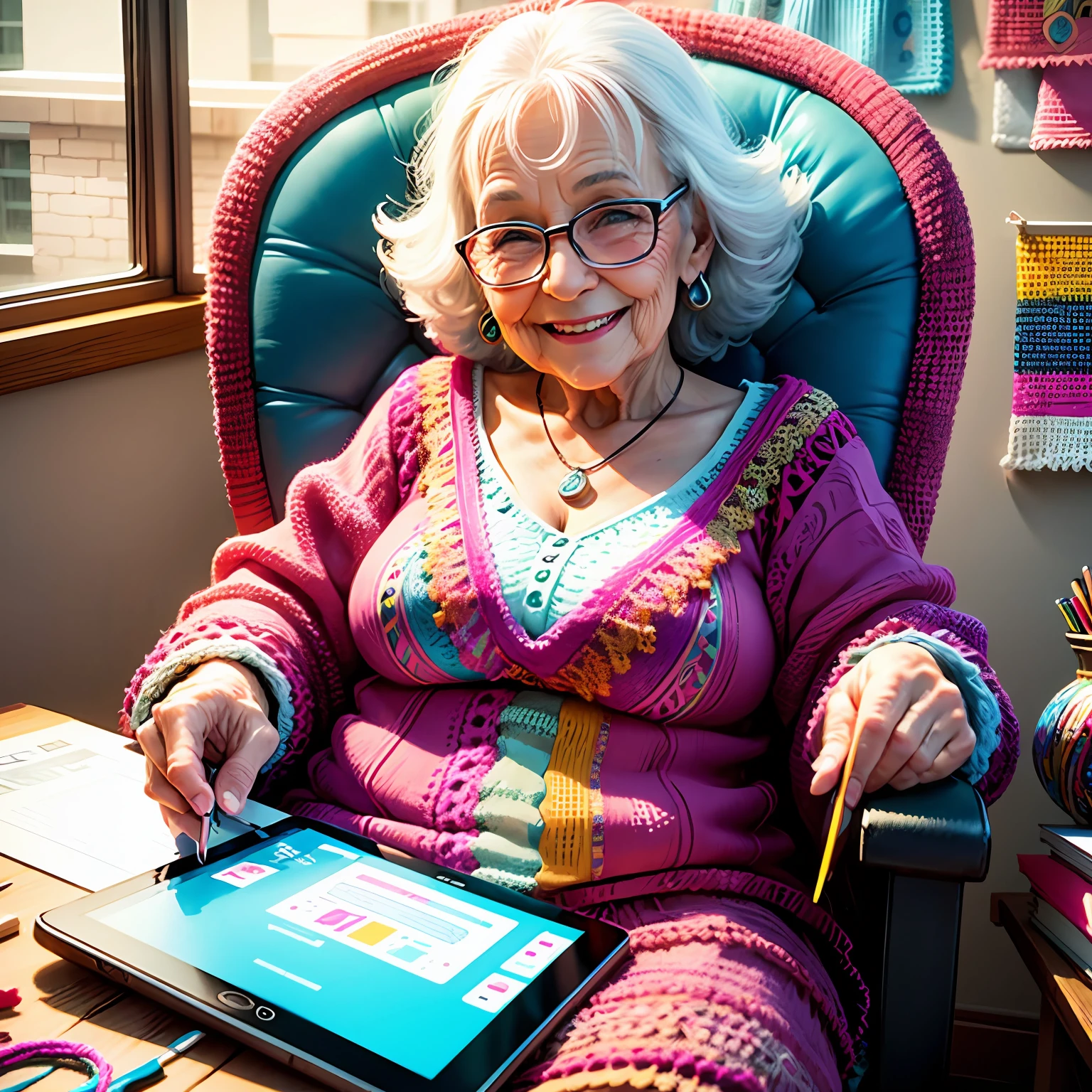 Show a vibrant image of a smiling grandma, surrounded by several colorful and creative crochet pieces that she created herself. The person may be holding a tablet or smartphone with the Crochet Lucrative e-book on the screen. --auto