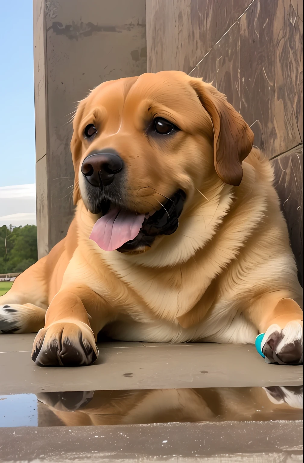there is a dog that is laying down on the ground, Labrador, Robusto, Anos, Brutus, ela tem cerca de 1 6 anos de idade, Close-up de corpo inteiro, fazendo uma pose majestosa, muito bonito, ela tem uma barriga redonda gorda e agitada, obeso ), she has beautiful bone structure, adult dog, extremamente bonito, it's very huge