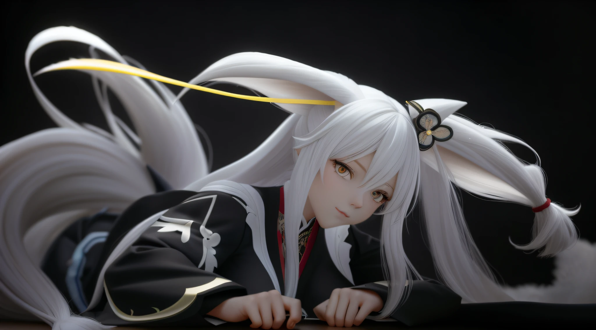 long white hair,Wolf tail,beast ear,Genshin Barbara costume,3D,realisticlying,It's really human,realskin