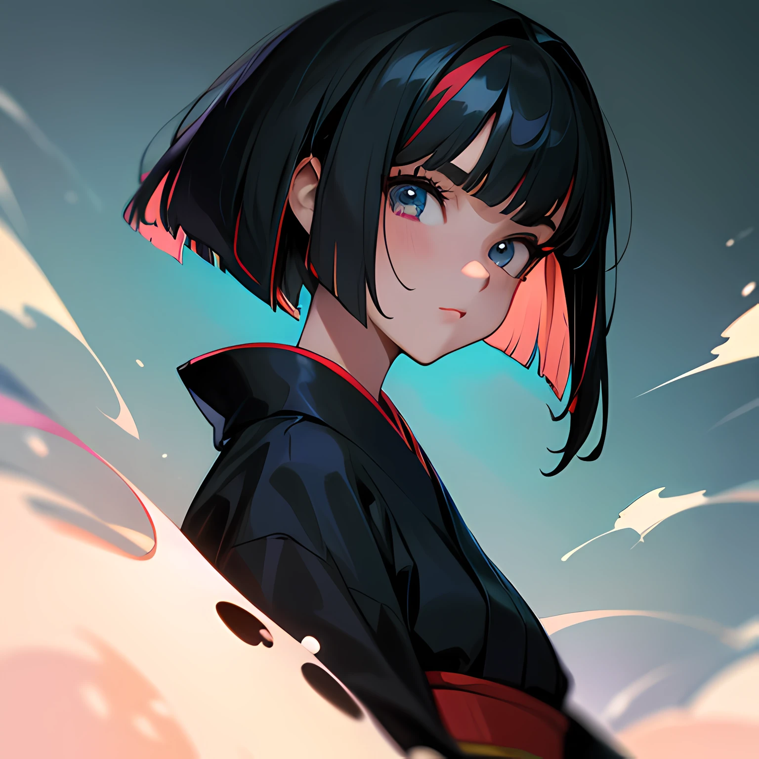 Kimono, beautiful girl, black Hair, bob cut, multicolored hair, detailed eyes, Heroic and Sassy, looking at viewer