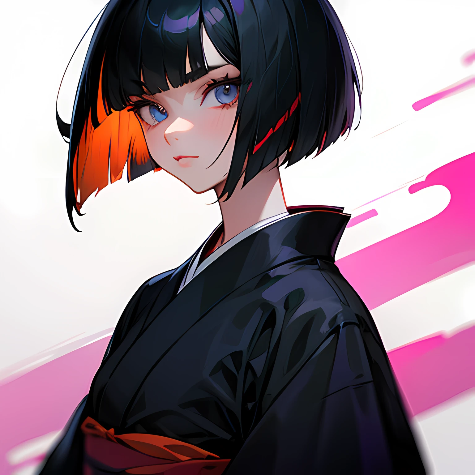 Kimono, beautiful girl, black Hair, bob cut, multicolored hair, detailed eyes, Heroic and Sassy, looking at viewer