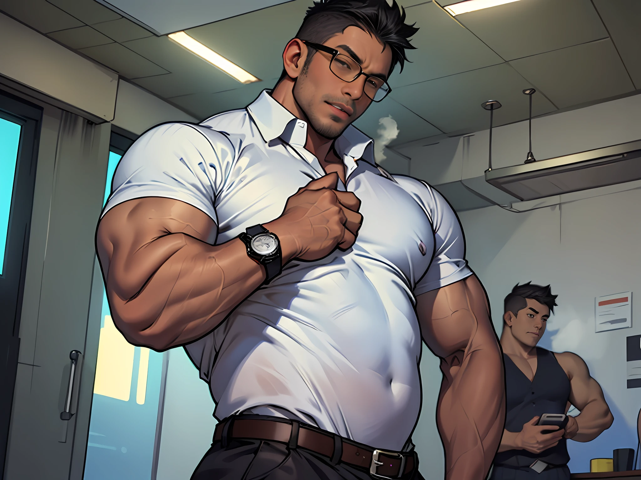 1boy，Best quality，Mature male，big muscular male，（Barra is stocky：1.5），bala dad，Thick arms，thick leg，full bodyesbian，full-shot，Chinese architecture，Girl with thick fat chunky physique，photograph of-realistic，tmasterpiece，male people，short detailed hair，Strong，clothes see-through，Sweat（pectoralis major：0.7），Tough guy，giant root，（Bare upper body：1.2），ssmile，opening eyes，Mature man，Muscular men are only suitable for men，Office buildings for large companies，In a glass-walled office，demo，holding a smartphone in hand，Employee cards are slung around their necks，Employee ID card on his chest，office worker，Merchant，Black bottom-rim glasses，Business suit，tight and tight business jacket，The clothes are thin，Rarely，Expose the chest and abdomen，Tight and skinny business slacks， Tight and tight sheer white long-sleeved shirt，Tearful shirt chest， tight and tight suit vest，striped tie，Harnes，business shoes，luxury watches，gentlemen's socks，Giant muscles，super muscles，Masculine appearance，35yo，Mature men，tight-sticking clothes and pants，see through clothes，Beautiful black eyes，Handsome， Dress neatly，Muscular grace，Complex and elegant，highly detailed digital painting，anime style art，art  stations，concept-art，top-quality，tmasterpiece， hyper HD， detailed back ground， Realistic figure， Muscle men， sbeard， musculature， Volumetriclighting， depth of fields， Smooth and sharp focus， illustratio， Artistically， black facial hair， short detailed hair， Black hair， musculature， nabel， musculature， male people， Homosexuality， super muscles， malefocus， muscles male， yaoi， musculature， big cuvy hips， chest muscle， large pecs， Thick quadriceps muscles， wide shoulder width， Latissimus dorsi， large biceps， upper legs， a wet body， heat and steam emanating from the body， perspired， soaking wet， Crotch， Big back， Turn Back， Bare back， showing buttocks， upper class， Radiant oily skin， Sparkling oil skin， suntanned skin， bubble butt， muscular anime guy， Gigachado muscles， musculature！， commission for high res