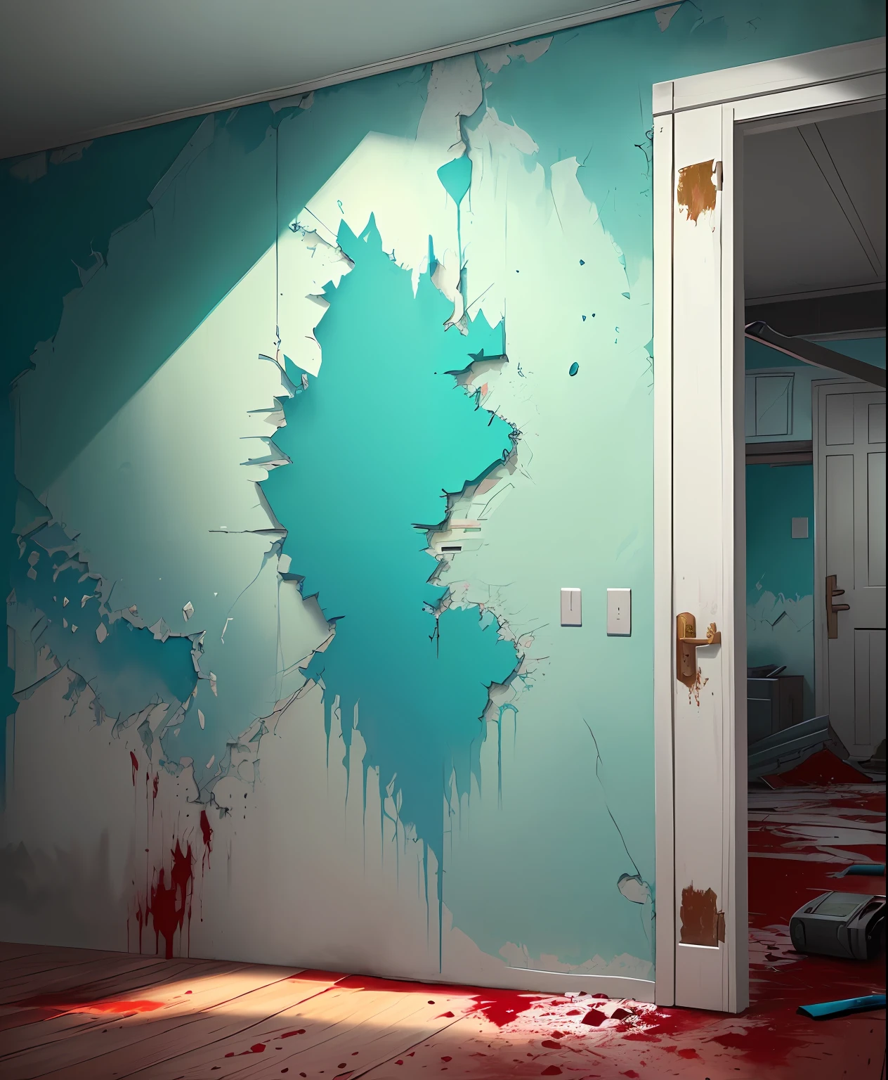 There is a photo of a room with a wall, Colorized map, interior background art, background art, The Shattered Wall, broken walls, random background scene, painted as a game concept art, low detailed. Digital Painting, blood stains on the walls, painted in high resolution, videogame still, Personal Room Background, painted in anime painter studio, anime background art, Blood on the walls, Green old walls