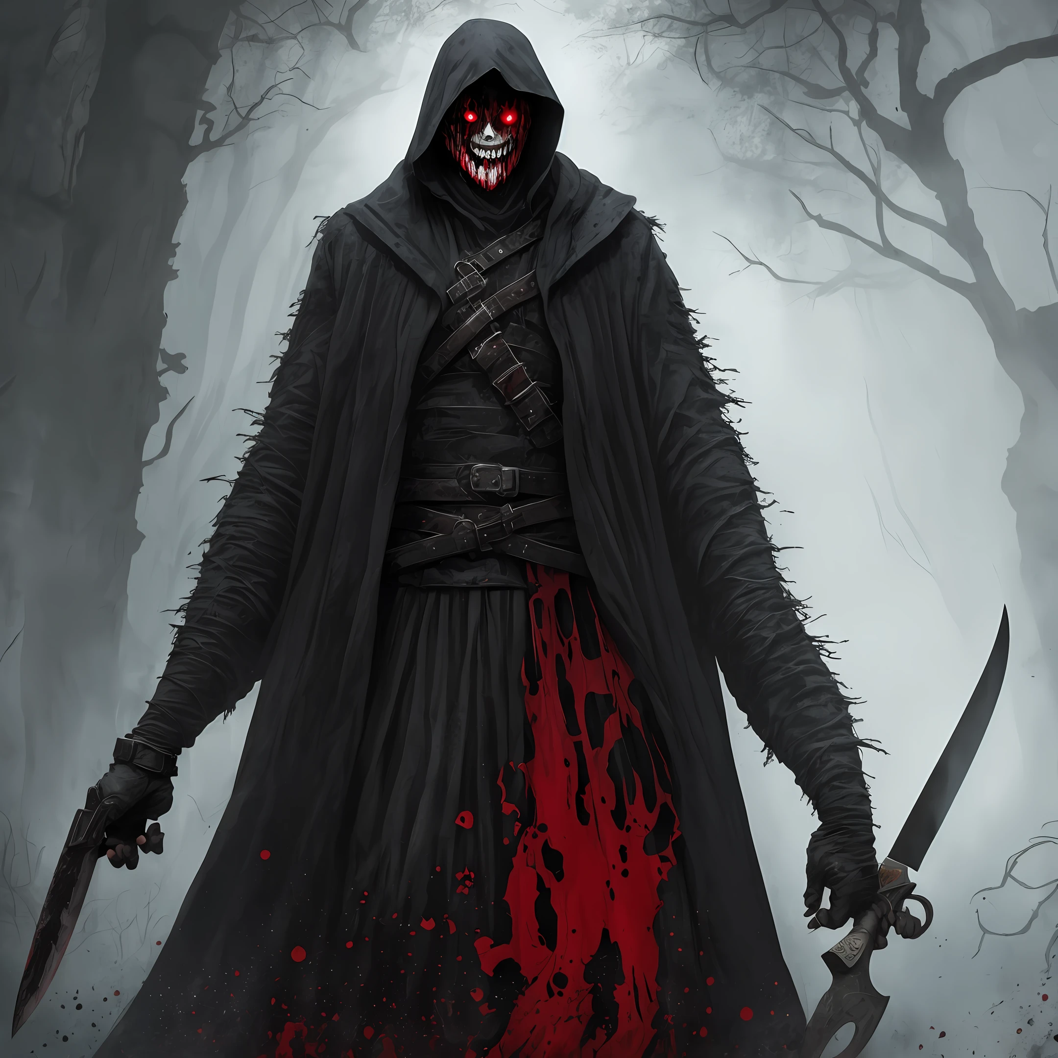 In the foreground, an imposing figure lurks amidst the shadows. This is the slasher, the malevolent force that will be stalking the book's characters. Cloaked in tattered and blood-stained garments, the slasher's face is mostly obscured, but a hint of a sinister grin or menacing eyes can be glimpsed, sending shivers down the viewer's spine. A gleaming, wicked weapon – perhaps a bloodied machete or a wickedly sharp knife – is clutched menacingly in the slasher's hand, suggesting the horrors that await
