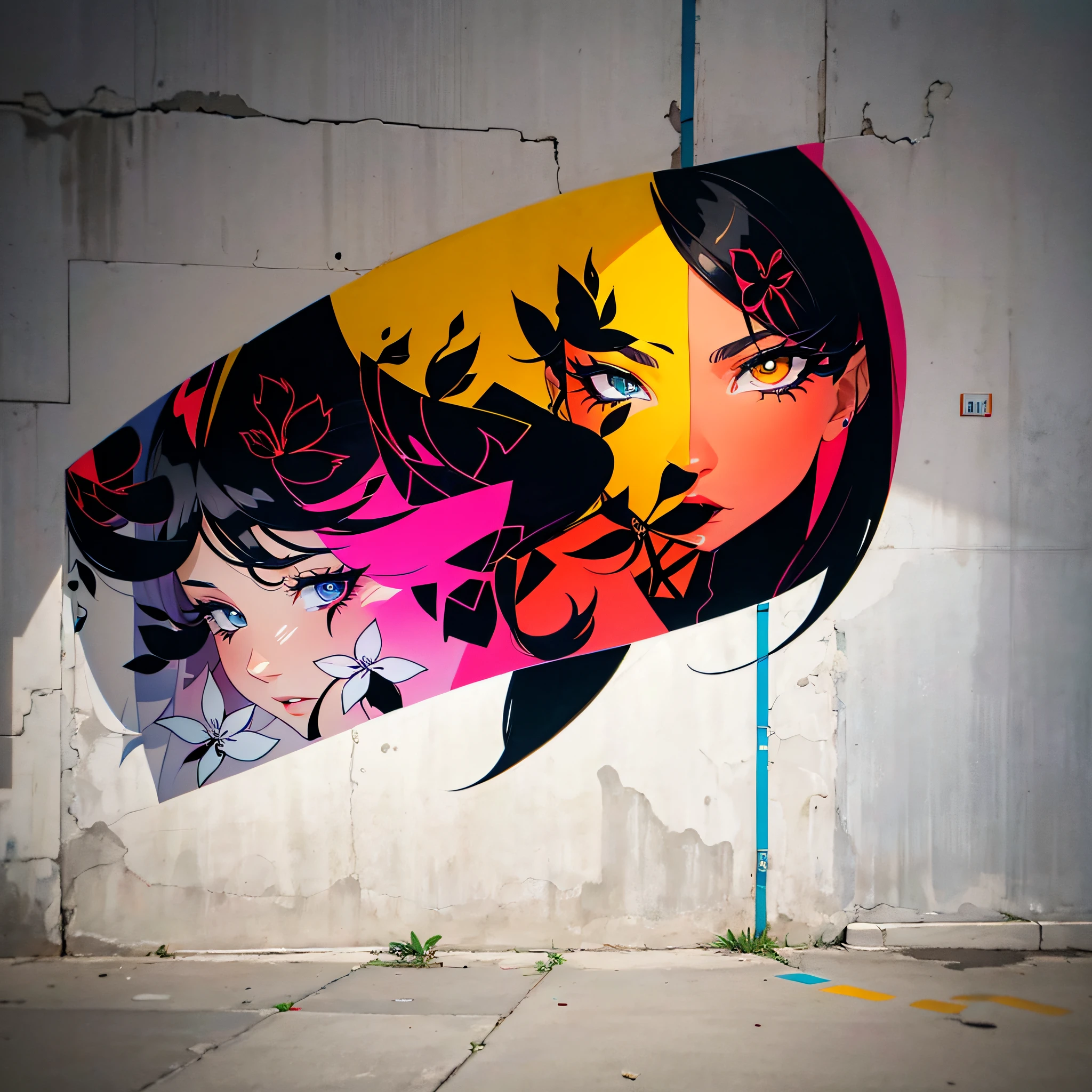 Street Art Graffiti、Geometric pattern、colourfull、Radical use of colors、One side of the wall、Computer Graphics、Block Art、Black-haired beauty glaring at viewers、masterpiece、realisitic
