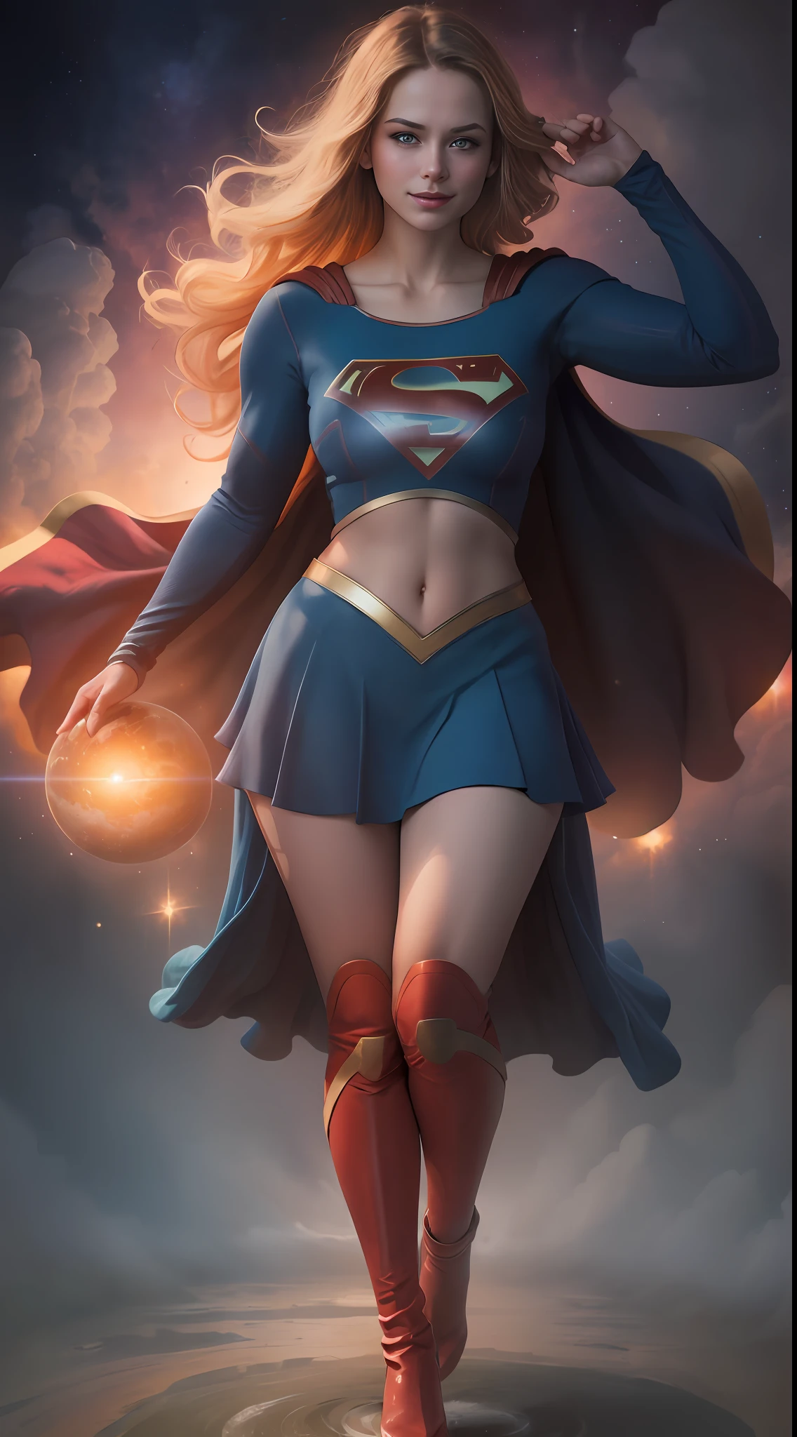 (((Towering over you))), face,supergirl Beautiful woman (20 years old, long blonde hair, blue eyes) defined body, detailed, using tube dress cosplay supergirl suite, smirking, standing on a planet in space with her full body in view, cosmic background, furrowed brow, midriff exposed