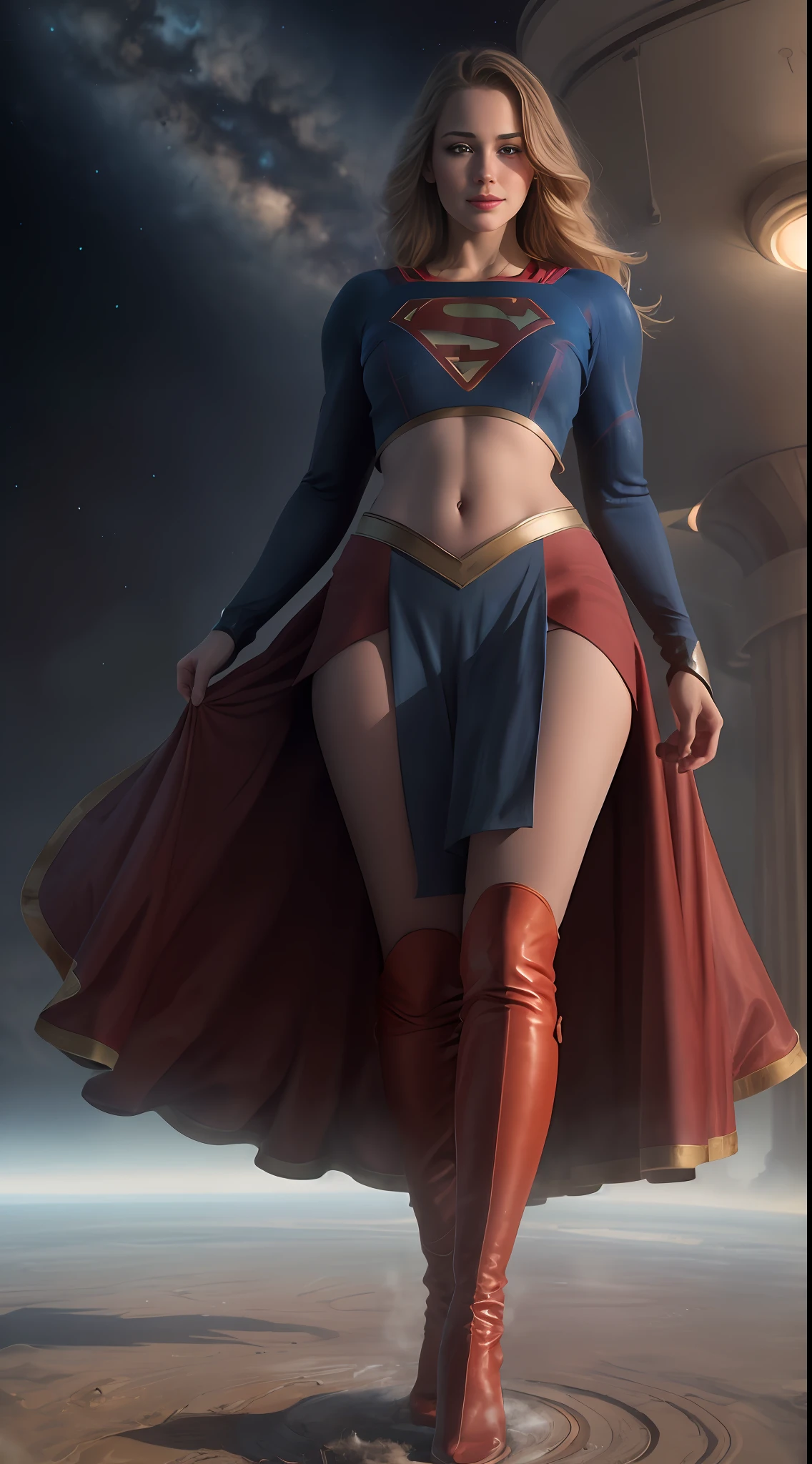 (((Towering over you))), face,supergirl Beautiful woman (20 years old, long blonde hair, blue eyes) defined body, detailed, using tube dress cosplay supergirl suite, smirking, standing on a planet in space with her full body in view, cosmic background, furrowed brow, midriff exposed