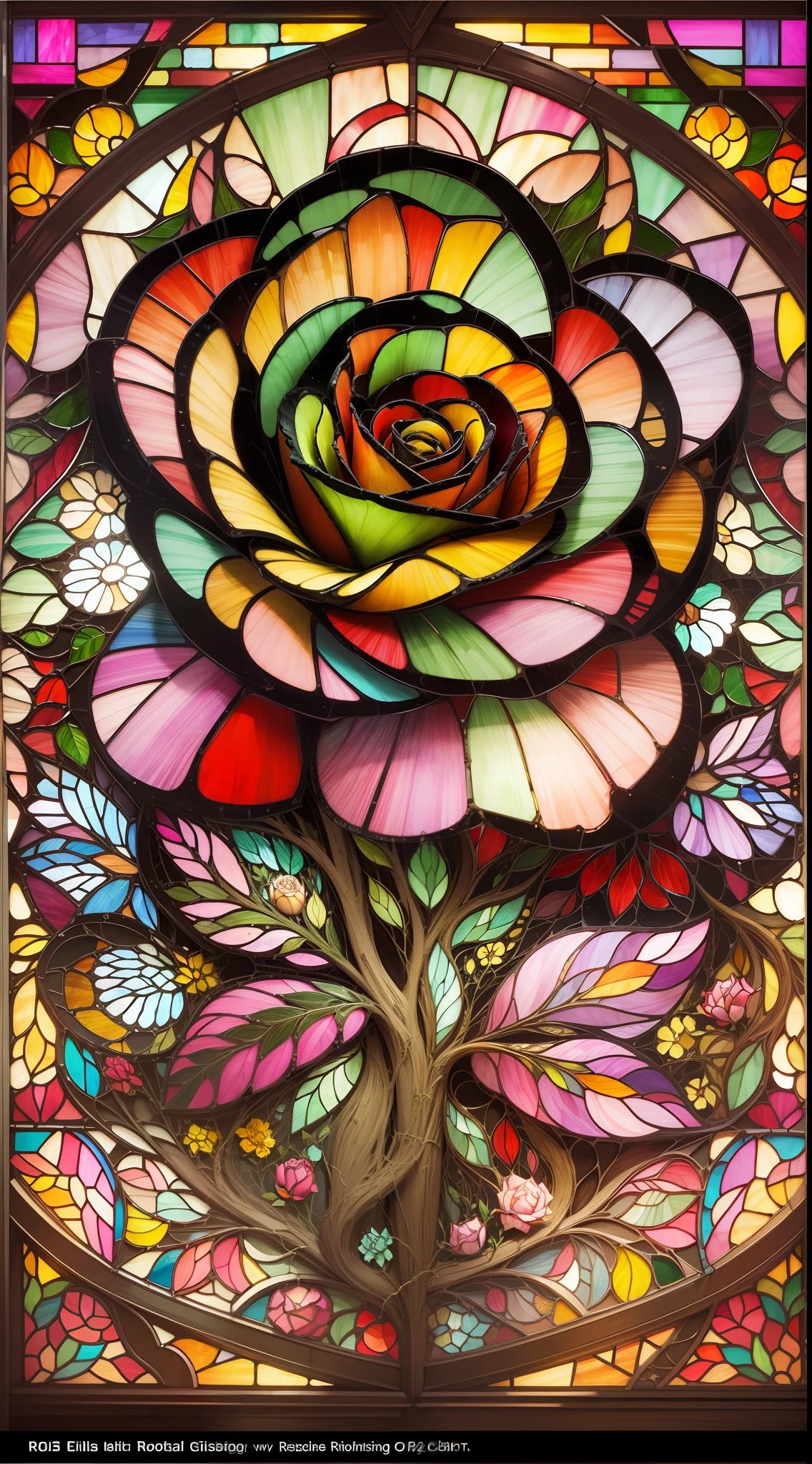 (Vibrant roses:1.2, intricate stained glass-like designs:1.2, mesmerizing artistry:1.1)
