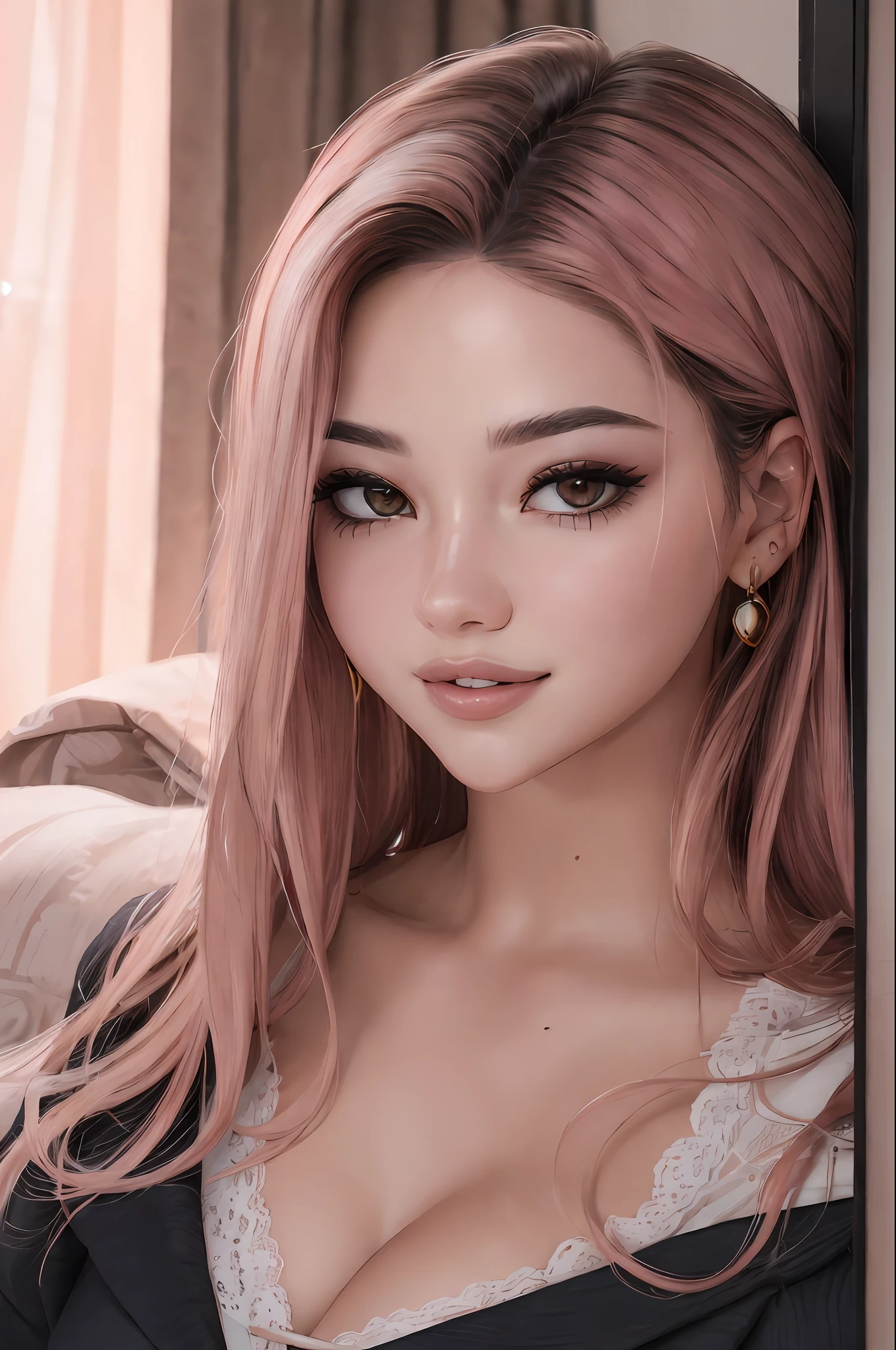 highres, obra-prima, perfect lighting, flor, cinematic lighthing, adulto, pele perfeita, feminino, olhando para o espectador, retrato, foco no rosto, bela bronzeada caucasiana, deitada na cama, vestindo blusa branca, shorts apertados, (curvaceous figure), olhos perfeitos, olhos pretos, (Detailed Lips), labios grossos detalhados, (cabelo rosa), cabelo curto, (sorriso), sobrancelhas grossas, animada, adulta, ao lado de um homem magro e alto, homem do cabelo preto, bonito igual Ian Someholder, homem de olhos pretos, cabelo liso, cortado, manly