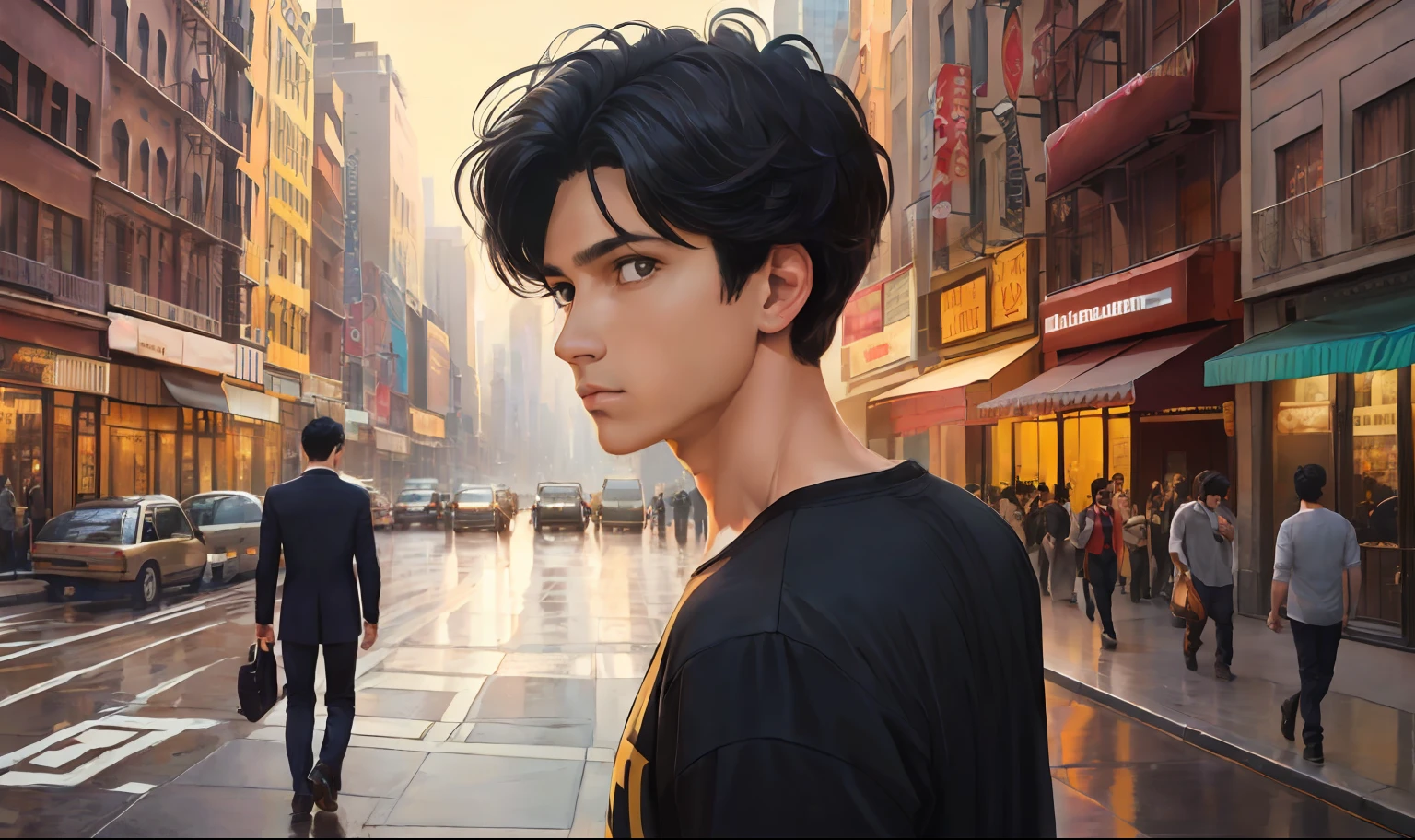 ((obra maestra)),(((La mejor calidad))), (alta calidad, impresionante),(ojos expresivos, Cara perfecta), Sad -yeld boith straight black hair, piel morena sin ropa, Walking lost through the streets of New York looking at someone else walking away